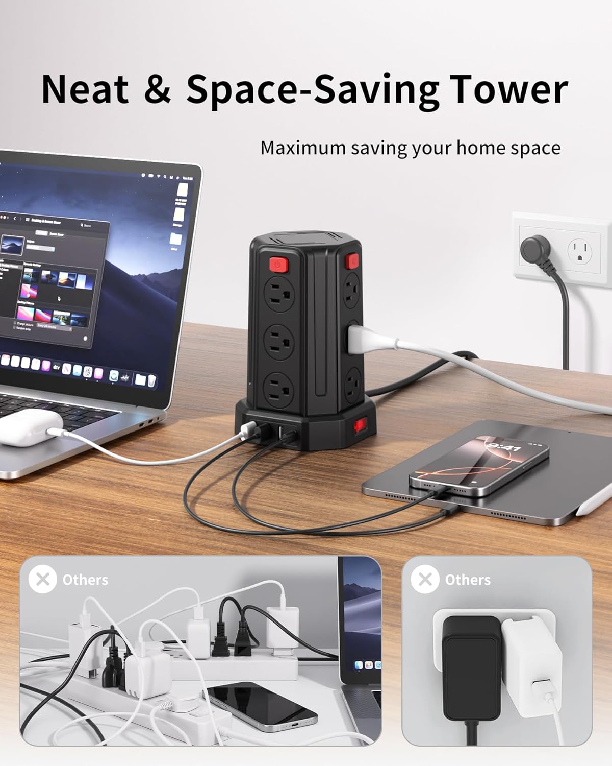 Power Strip Surge Protector, 6.5 Ft Extension Cord with 12 AC Multiple Outlets 4 USB (1 USB C), SMALLRT Power Tower Desktop Charging Station (Black, 6.5 Ft) - Image 5