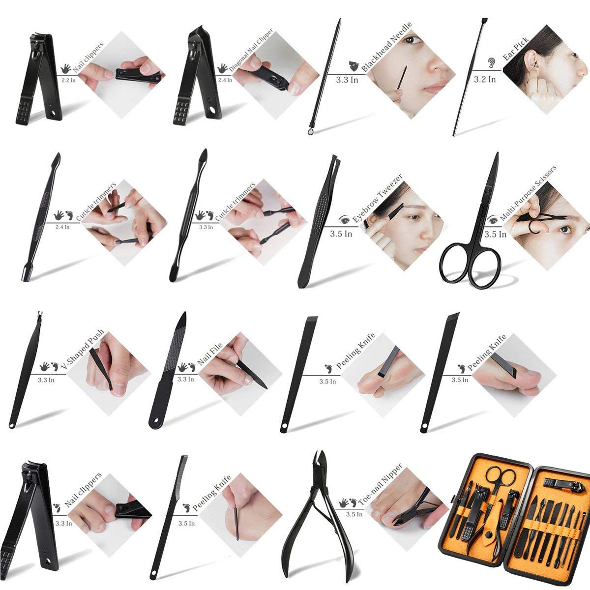 Professional Stainless Steel Nail Clipper Travel & Grooming Kit Nail Tools Manicure & Pedicure Set of 15pcs with Luxurious Case (Black/Yellow) - Image 6
