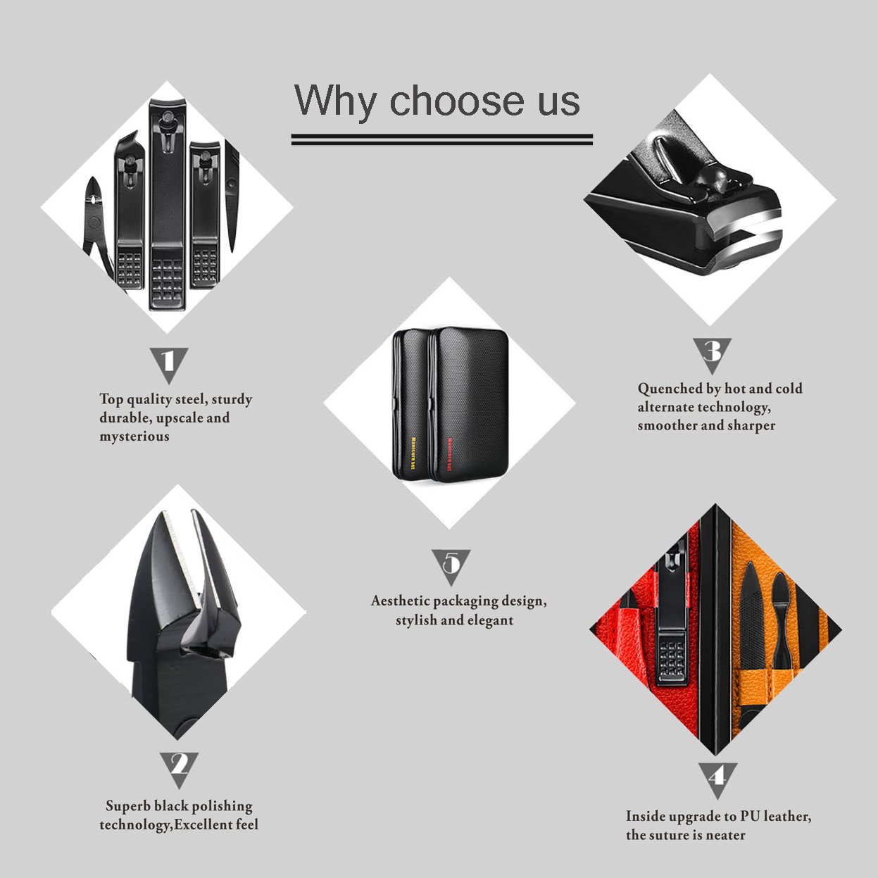 Professional Stainless Steel Nail Clipper Travel & Grooming Kit Nail Tools Manicure & Pedicure Set of 15pcs with Luxurious Case (Black/Yellow) - Image 4