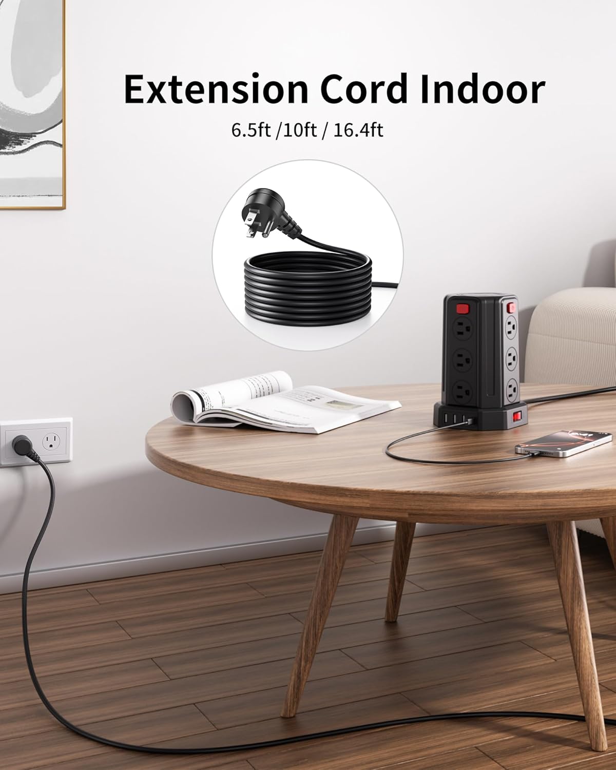 Power Strip Surge Protector, 6.5 Ft Extension Cord with 12 AC Multiple Outlets 4 USB (1 USB C), SMALLRT Power Tower Desktop Charging Station (Black, 6.5 Ft) - Image 7