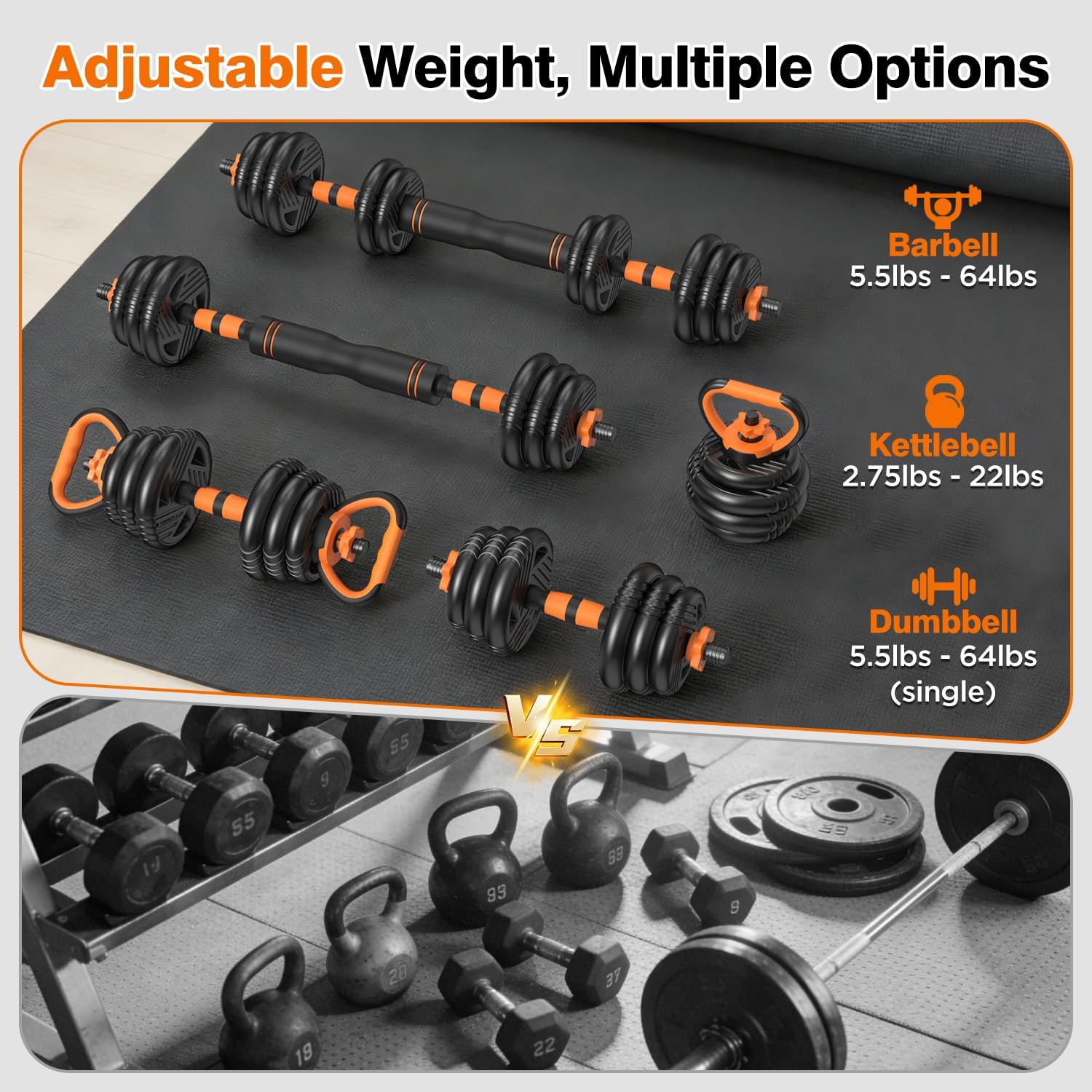 Adjustable Dumbbell Set, 33/44/66/88lbs Free Weights Set with Connector, 5 in 1 Weights Dumbbells Set Used as Barbell, Kettlebells, Push up Stand, Weight Plate, Fitness Exercise for Home Gym Workout - Image 3
