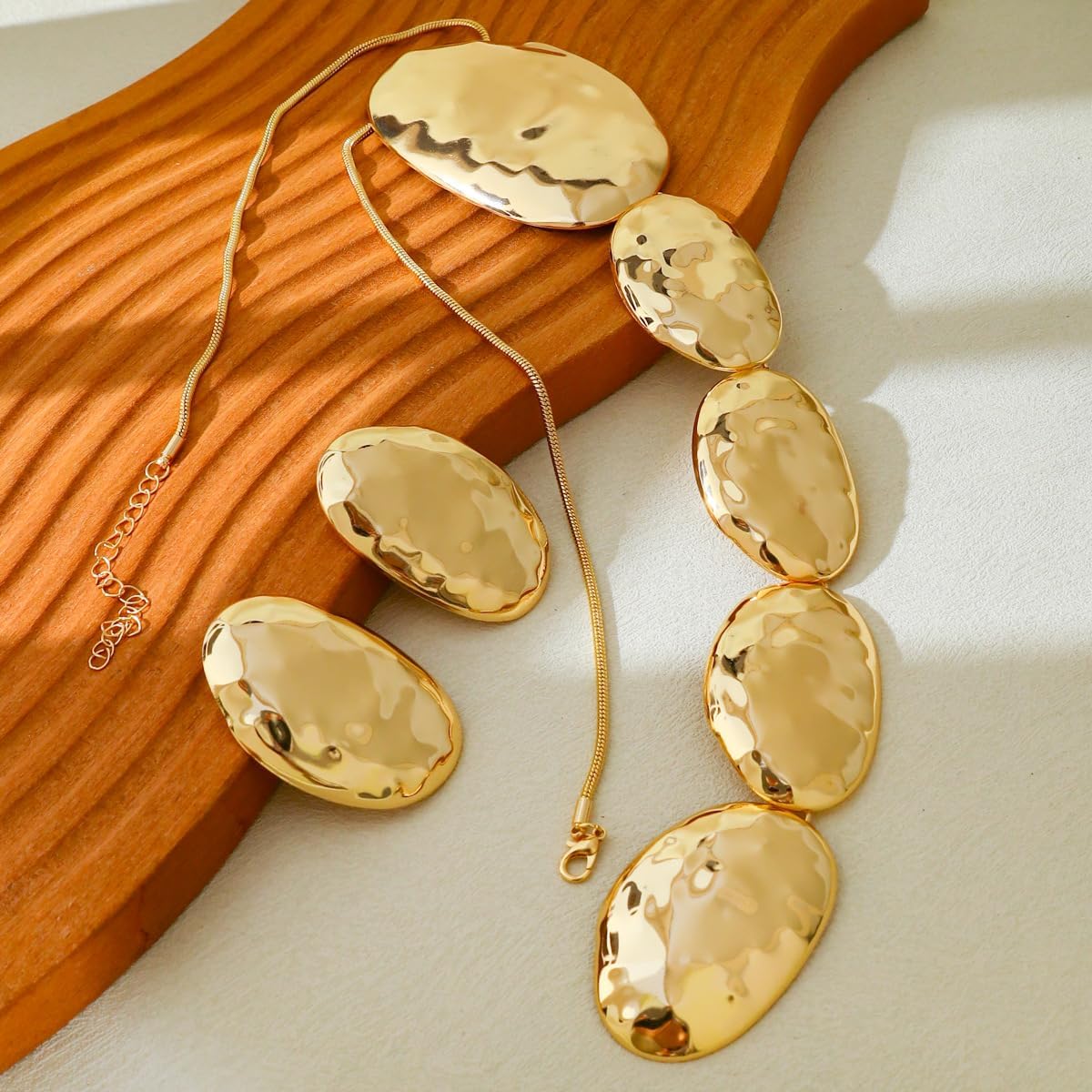 Chunky Statement Jewelry Set – Oversized Geometric Hammered Gold Earrings and Pendant, Trendy Fashion Accessory for Women, Party Outfit Highlight - Image 5