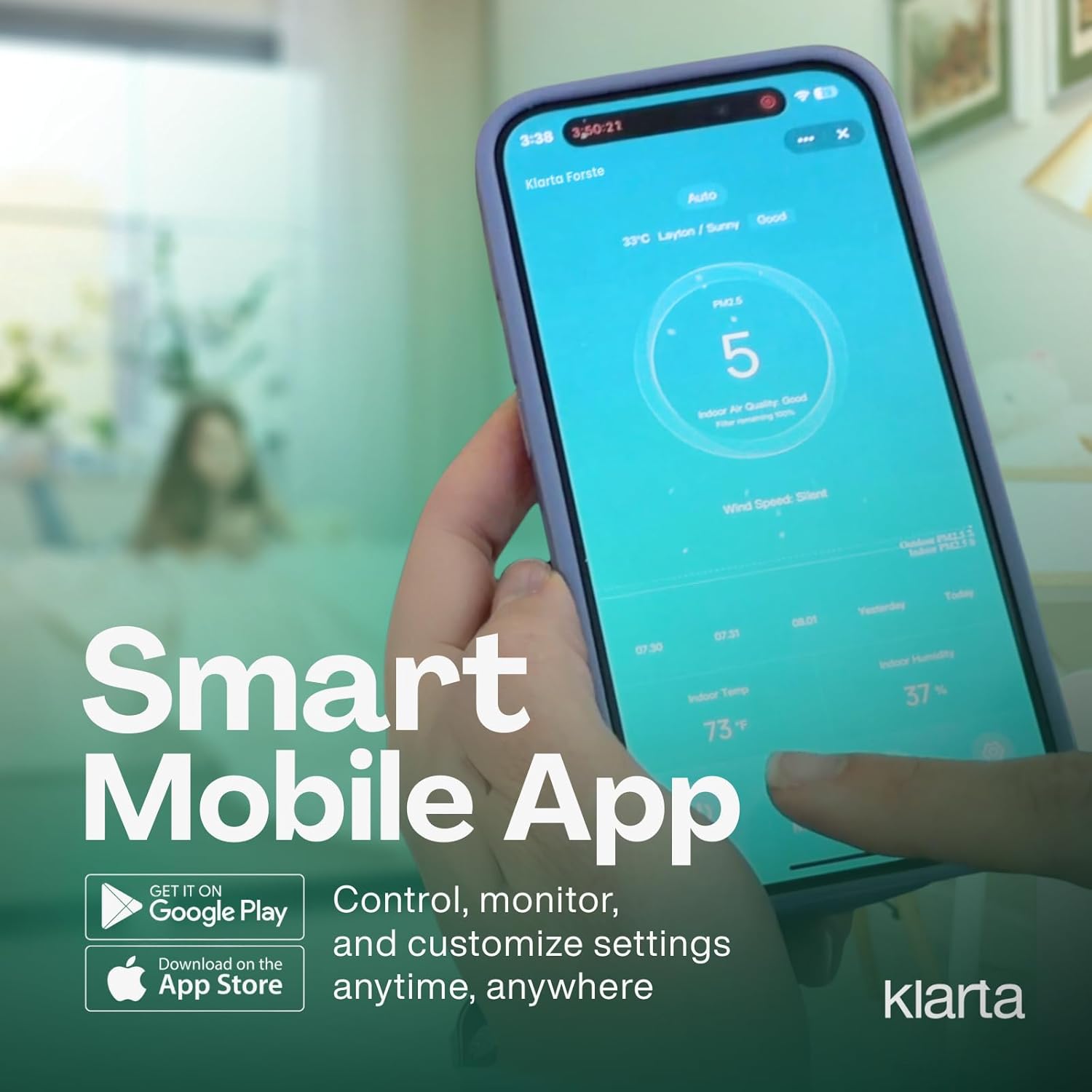 Air Purifier for Home - Smart WiFi App - Ultra Quiet 20 dB - Removes Allergens, Smoke & Odors - 99.97% Particle Filtration - Up to 1237 ft² - Klarta Forste White - Image 8