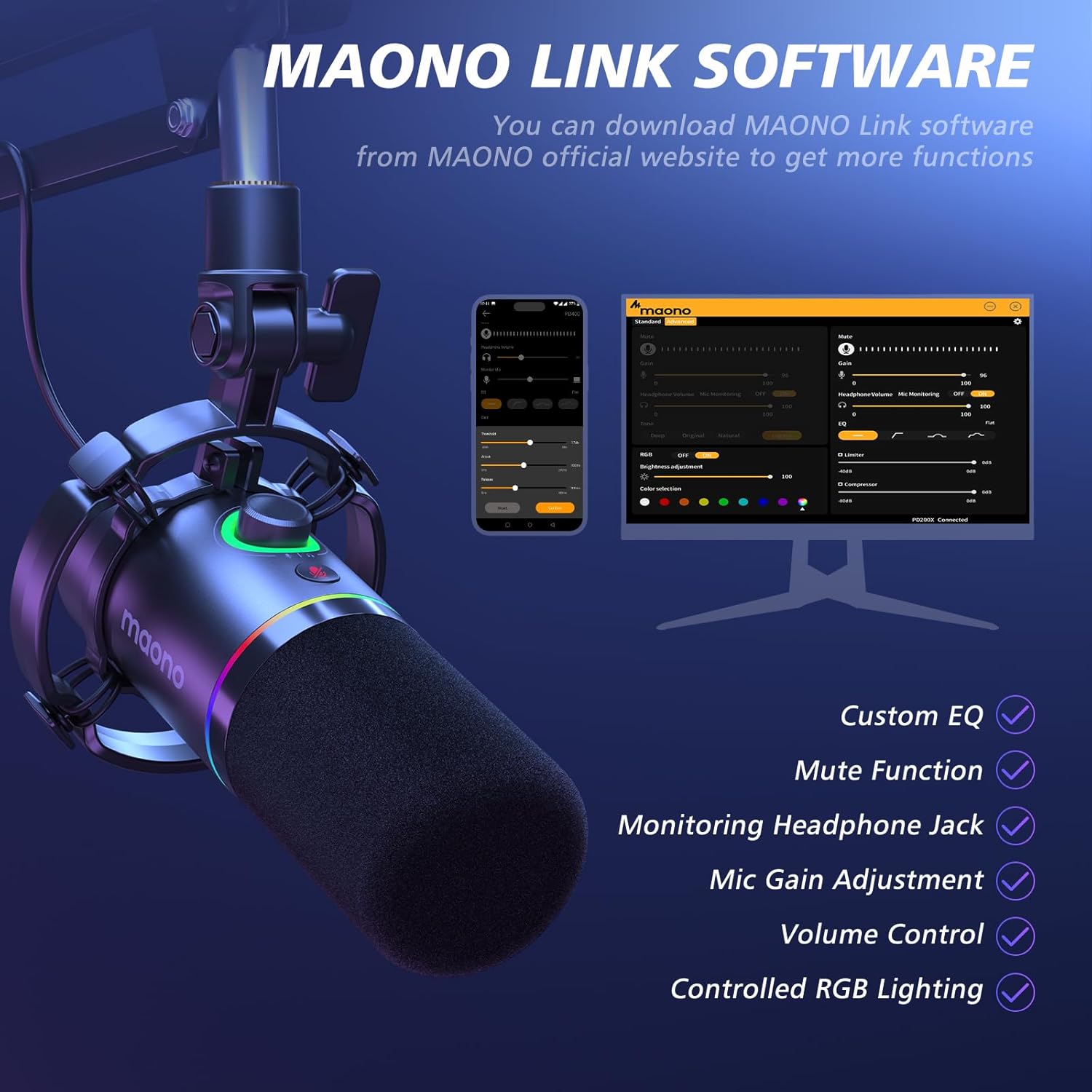 MAONO XLR/USB Dynamic Microphone Kit, RGB Podcast Mic with Software, Mute, Gain Knob, Volume Control, Boom Arm for Streaming, Gaming, Voice-Over, Recording-PD200XS Black - Image 3