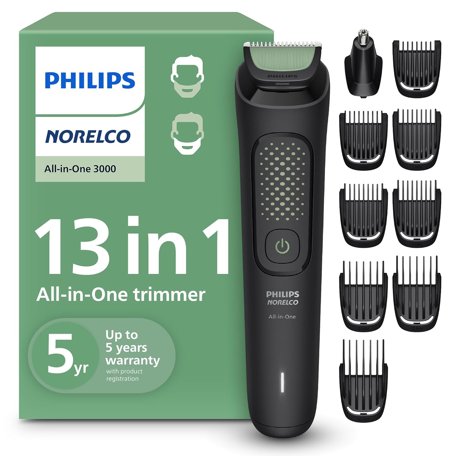 Philips Norelco All-in-One 3000 Series 13 in 1 Trimmer, Beard Styler & Men's Hair Clipper, 9 Length Settings & Self-Sharpening Skin-Friendly Blades, MG3919/50