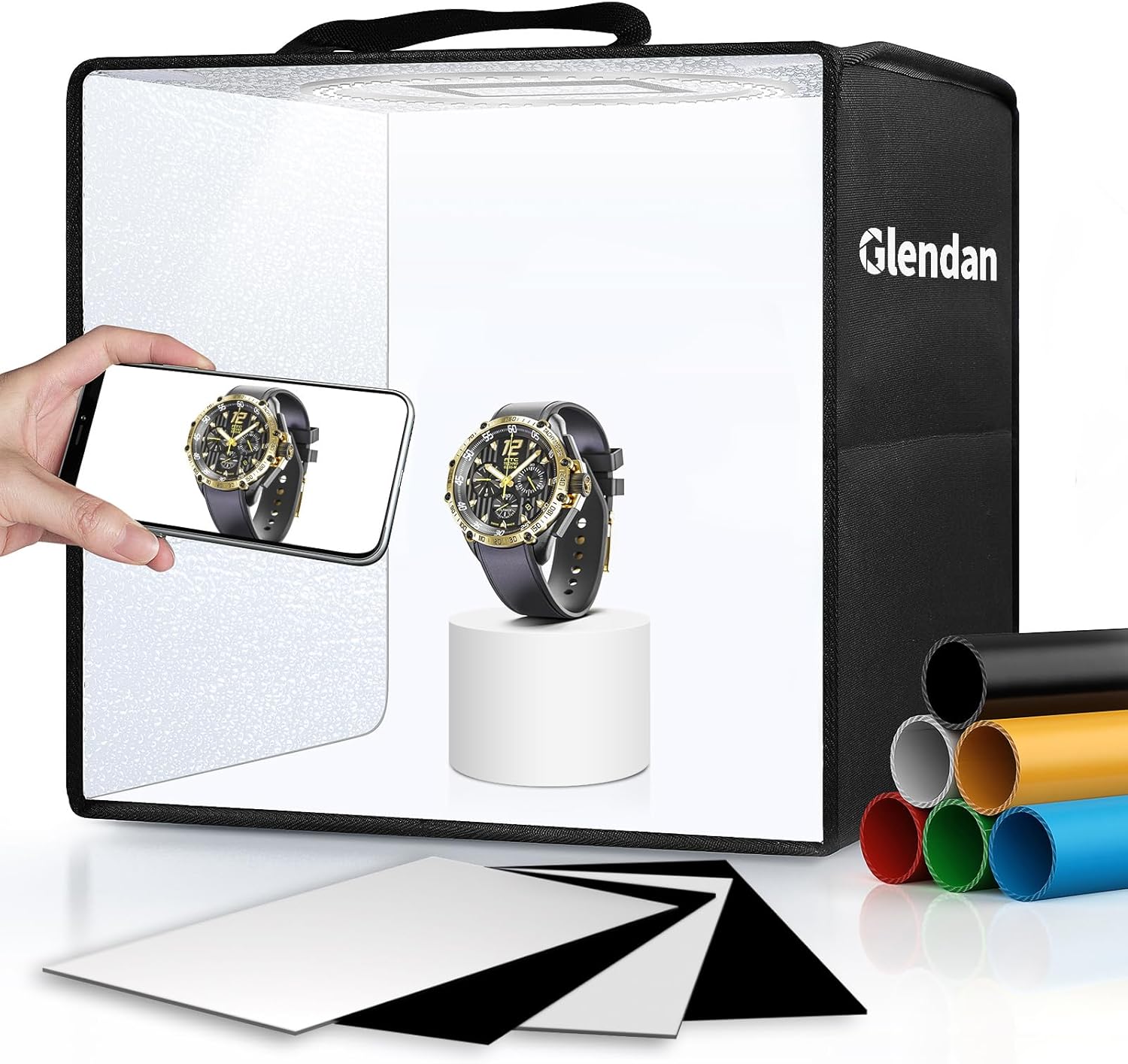 Glendan Light Box Photography, 10"x10" Photo Box with 88 High Color Rendering Index LED Lights, 6 Color PVC Backdrops, 4 Reflection Boards and 1 Diffuser for Jewelry and Small Item Product Photography