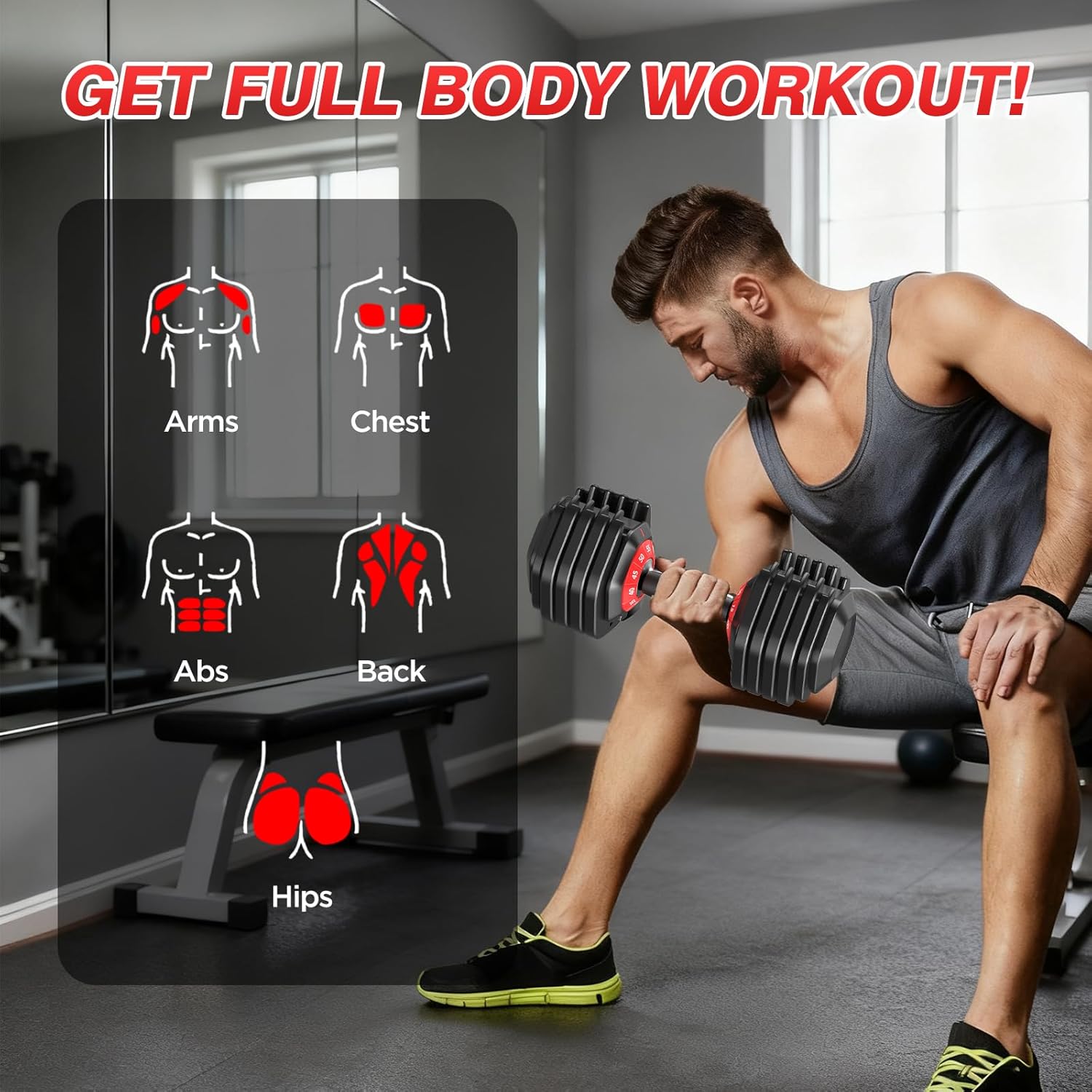 Adjustable Dumbbells Set, 10 in 1/15 in 1 Free Adjustable Weights Dumbbells Set, 25/55/52.5lbs Weights Set with Anti-Slip Handle, Fast Adjust Equipment Compact for Home Gym Strength Training - Image 8