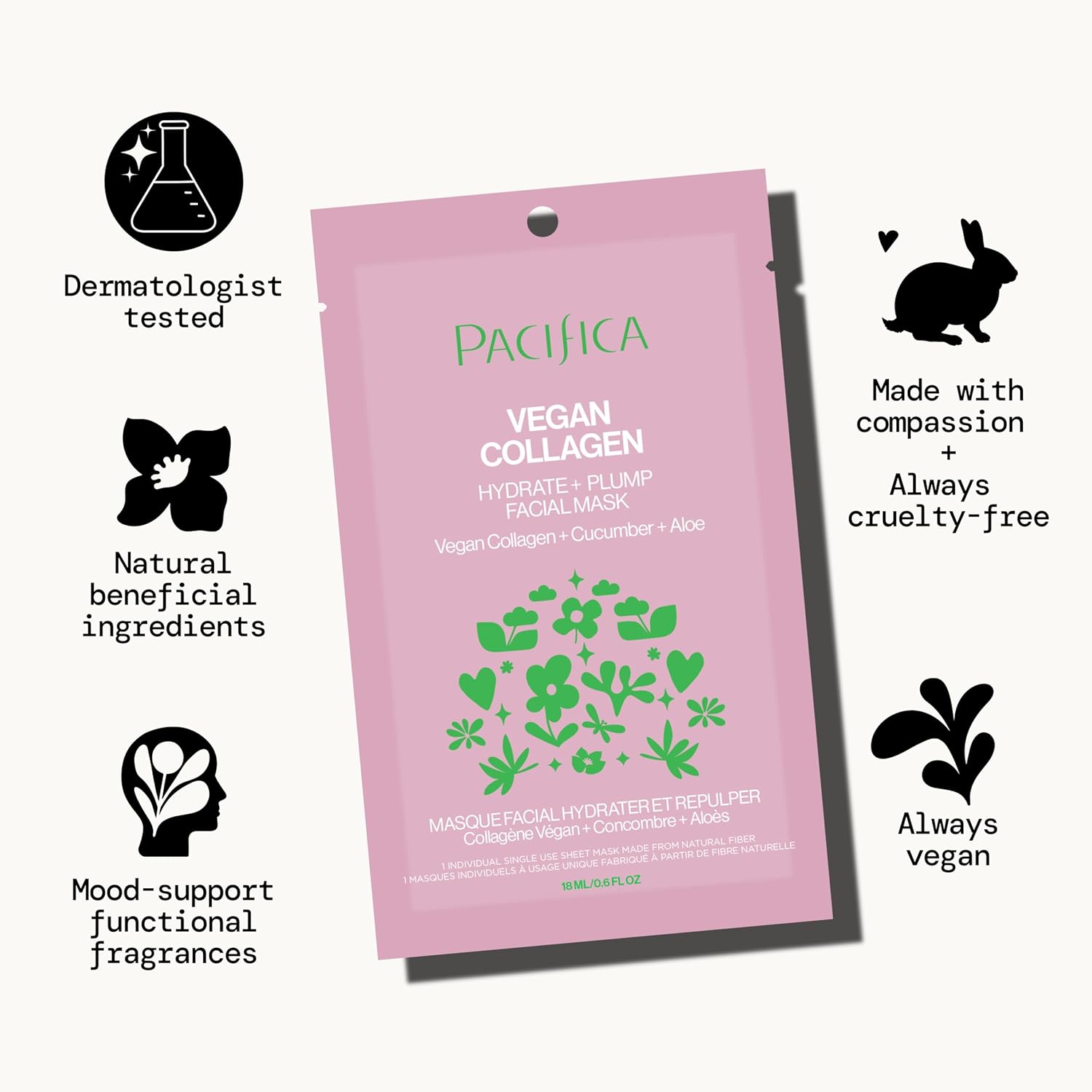 Pacifica Sheet Face Mask - Vegan Collagen Hydrate & Plump with Cucumber & Aloe – Moisturizing Mask for Dry & Aging Skin - Clean Beauty Vegan & Cruelty-Free Dermatologist Tested - Image 7