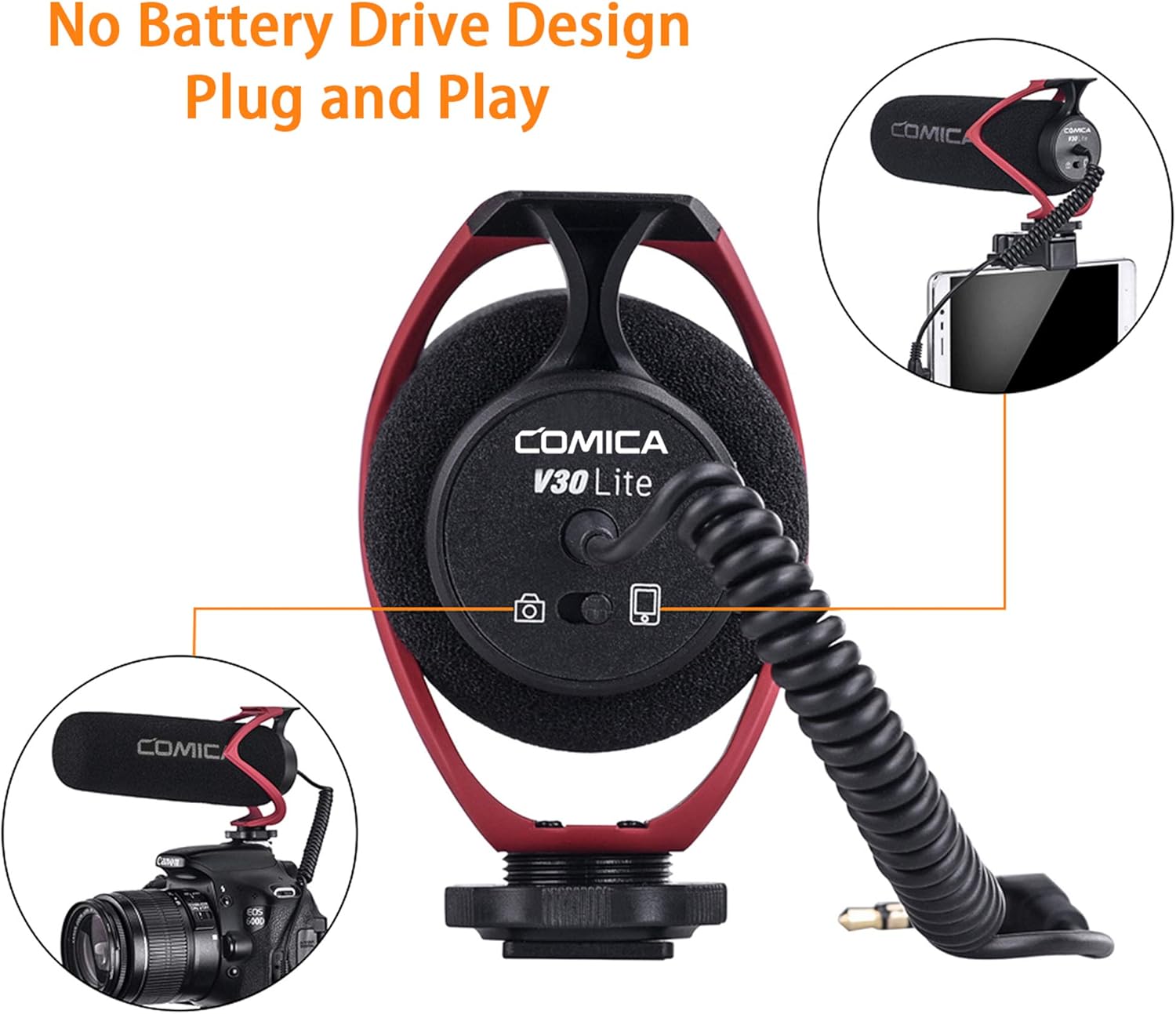 COMICA CVM-V30 LITE Video Microphone,Super-Cardioid Condenser On-Camera Shotgun Microphone for Canon Nikon Sony Panasonic DSLR Cameras,Mic for iPhone Android Smartphone with 3.5mm Jack(Red) - Image 2