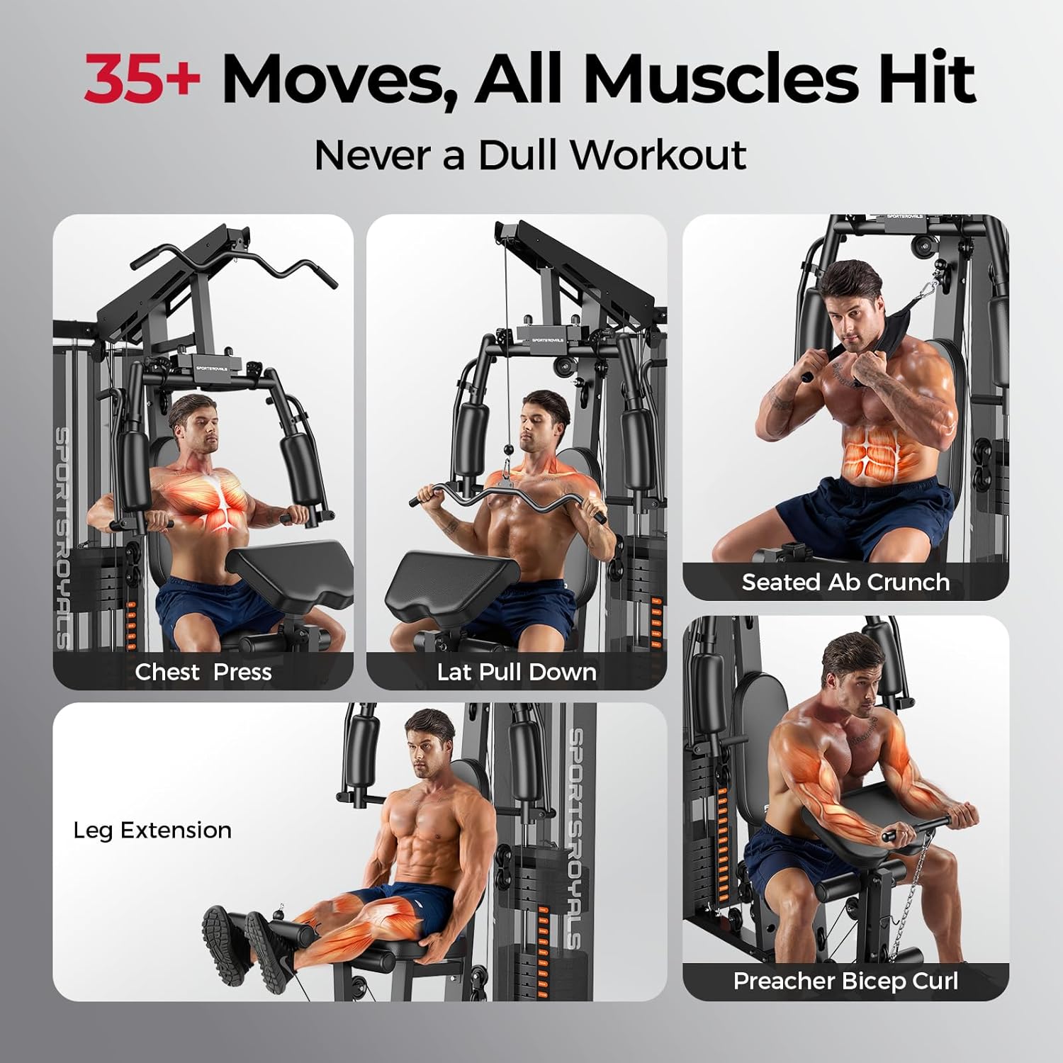 Sportsroyals Home Gym, Multifuntional Workout Station with 150LBS Weight Stack, Full Body Workout Equipment for Home Exercise Fitness - Image 5