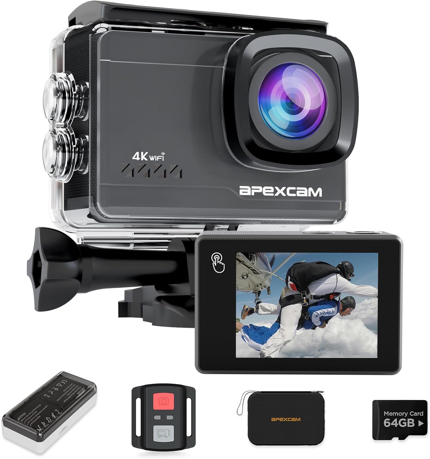 Apexcam M90 Action Camera with 64GB Card Action Cam 4K60FPS 64MP WiFi EIS Image Stabilization with Touchscreen Underwater Camera 40m Waterproof 8X Zoom 2.4G Remote Control 2x1350mAh