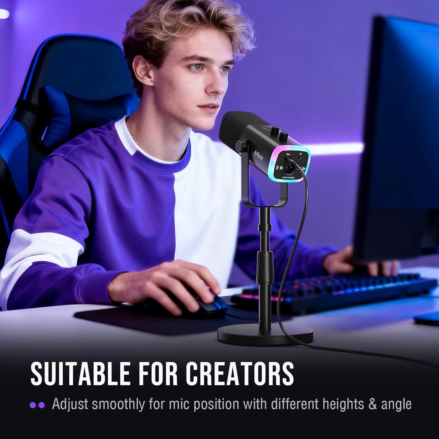 FIFINE Desktop Microphone Stand, Heavy-Duty Metal Adjustable Table Mic Stand with 5/8" Male to 3/8" Female Screw Adapter, 4 Non-Slip Pads Compatible with Microphones for Recording, Streaming-BS1 - Image 5