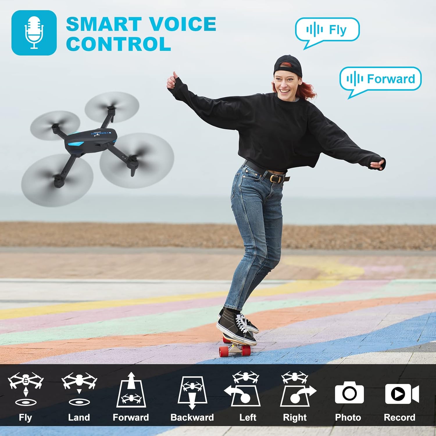 Drone with 1080P Camera for Beginners and Adults, Foldable Remote Control Quadcopter with Voice Control, Gestures Selfie, Altitude Hold, One Key Start, 3D Flips, 2 Batteries, Toy for Beginners - Image 4