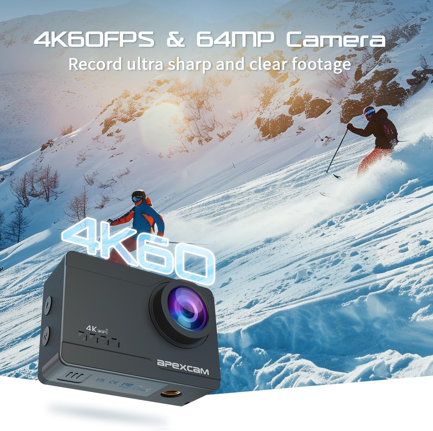 Apexcam M90 Action Camera with 64GB Card Action Cam 4K60FPS 64MP WiFi EIS Image Stabilization with Touchscreen Underwater Camera 40m Waterproof 8X Zoom 2.4G Remote Control 2x1350mAh - Image 2