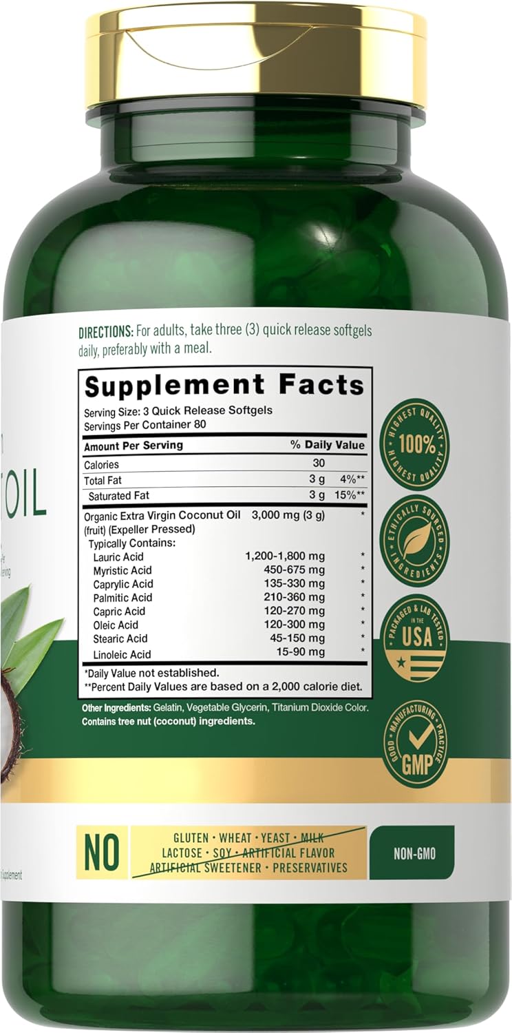 Carlyle Coconut Oil Extra Virgin Softgel Capsules | 3000mg | 240 Count | Naturally Occurring MCTs | Non-GMO and Gluten Free Supplement - Image 2