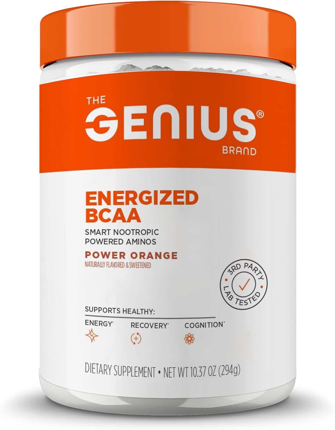 Genius BCAA Powder - 5g Vegan BCAAs L-Glutamine, Cognizin & Rhodiola Muscle Recovery Energy Support 100mg Caffeine Pre, Intra, Post-Workout Nootropic Supplement for Focus & Performance - Orange