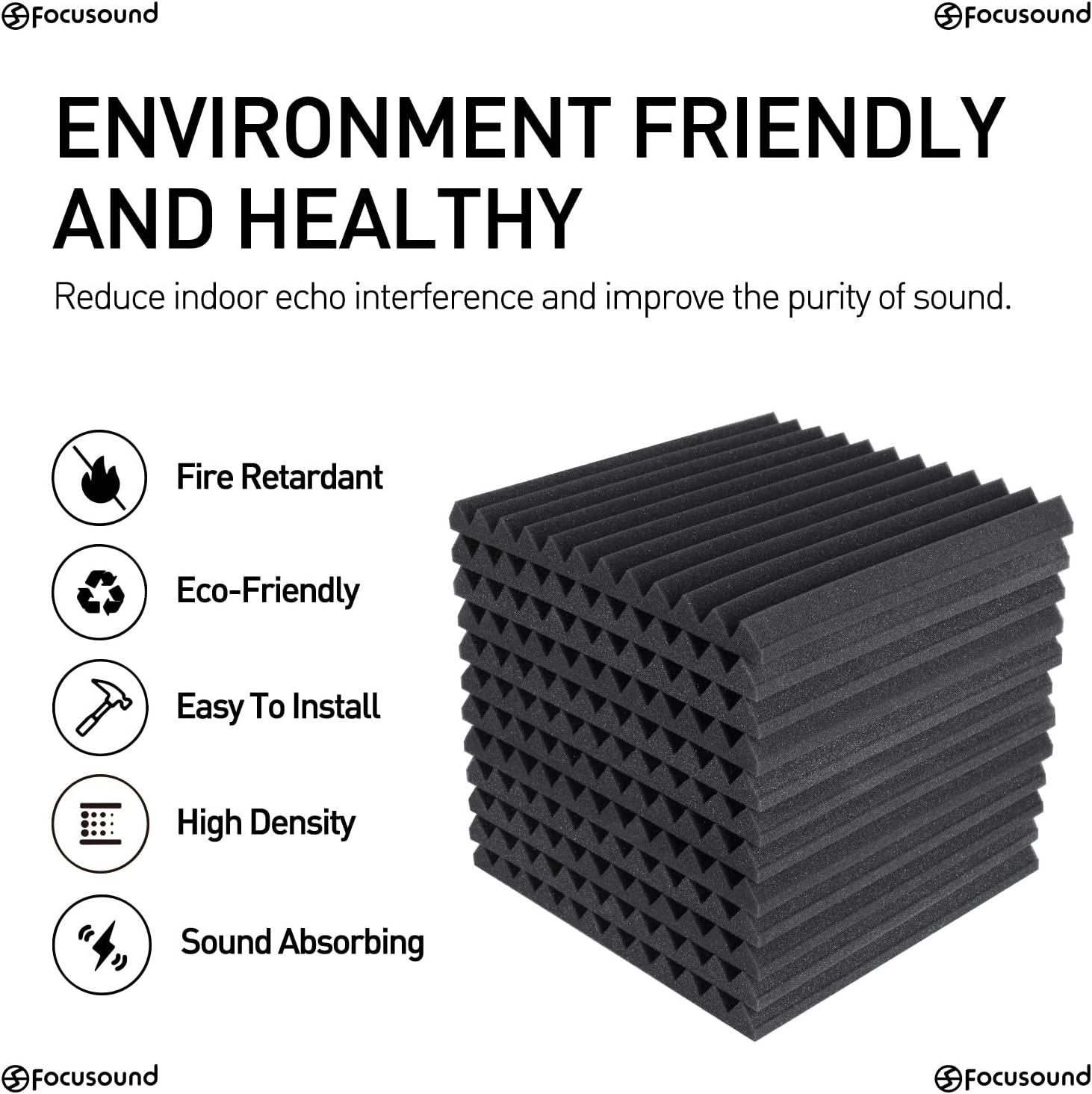 Focusound 50 Pack Acoustic Foam Panels 1" x 12" x 12" Sound Proof Foam Panles Soundproofing Noise Cancelling Wedge Panels for Home Office Recoding Studio with 300PCS Double-Side Adhesive - Image 3