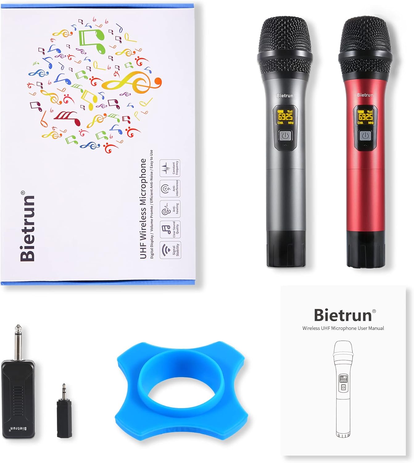 Bietrun UHF Wireless Microphone with 1/4'' Plug Rechargeable Receiver, 160 Feet, Professional Metal Dual Handheld Cordless Dynamic Mic System for Karaoke, Wedding, Singing, DJ, Party, Speech, Church - Image 9