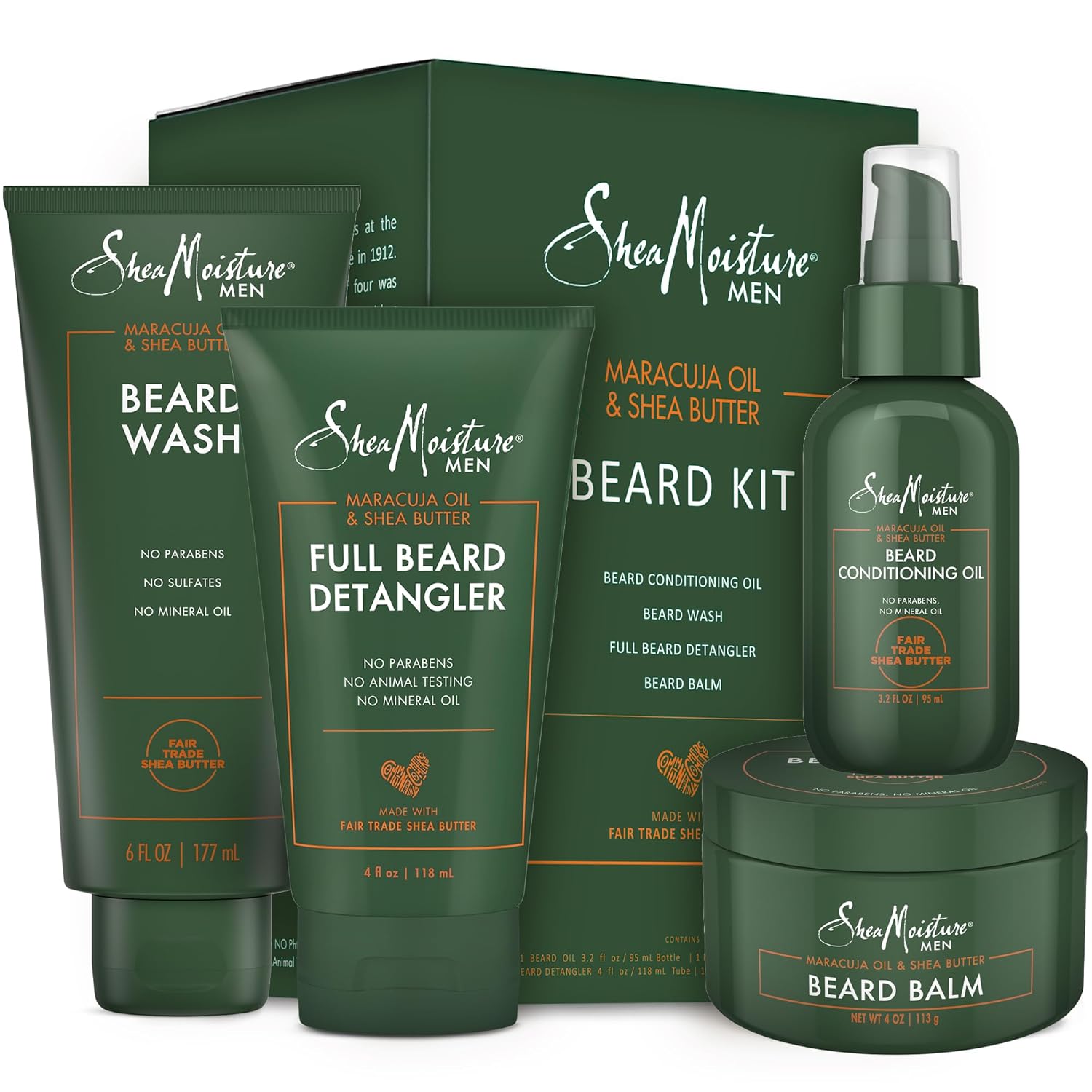 SheaMoisture Beard Kit for Men – Beard Wash, Conditioning Beard Oil, Full Beard Detangler + Beard Balm with Shea Butter & Maracuja Oil, Gifts for Men (4 Piece Set)