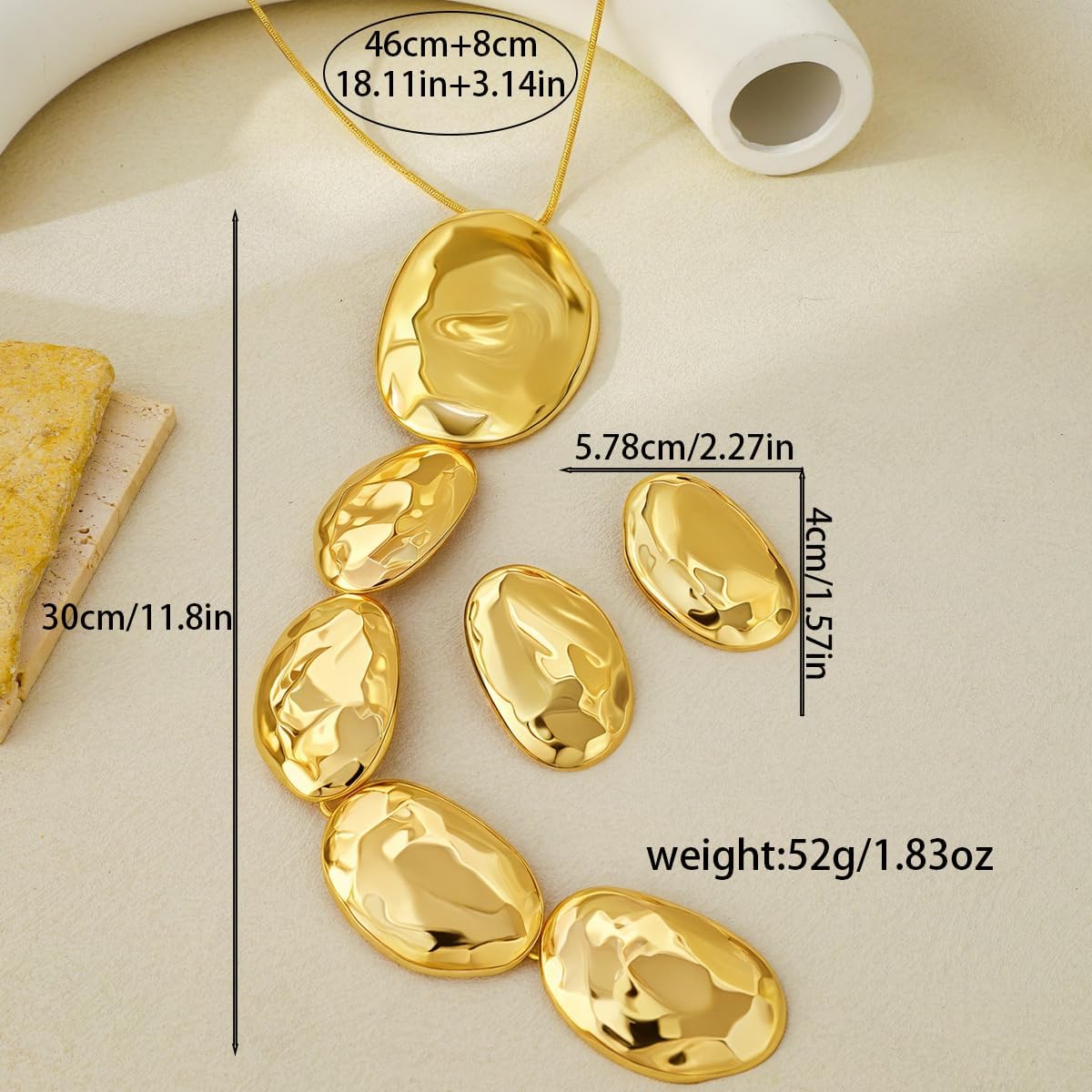 Chunky Statement Jewelry Set – Oversized Geometric Hammered Gold Earrings and Pendant, Trendy Fashion Accessory for Women, Party Outfit Highlight - Image 7