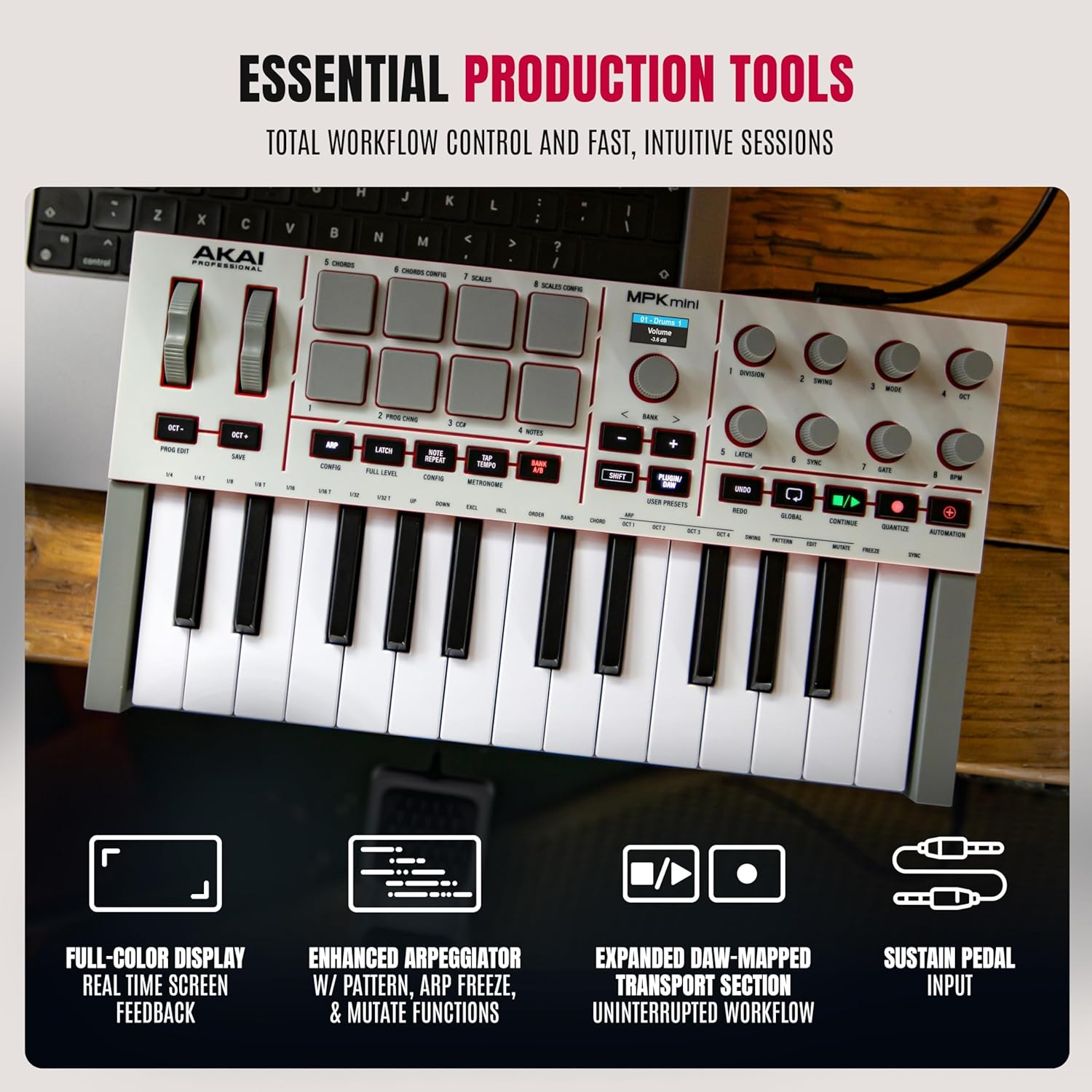 Akai Professional MPK Mini IV USB-C MIDI Keyboard Controller for Beginners and Producers - MPC Drum Pads, 360° Knobs, Pitch and Mod Wheels, Production Software, Native Instruments Sound Package, Grey - Image 5