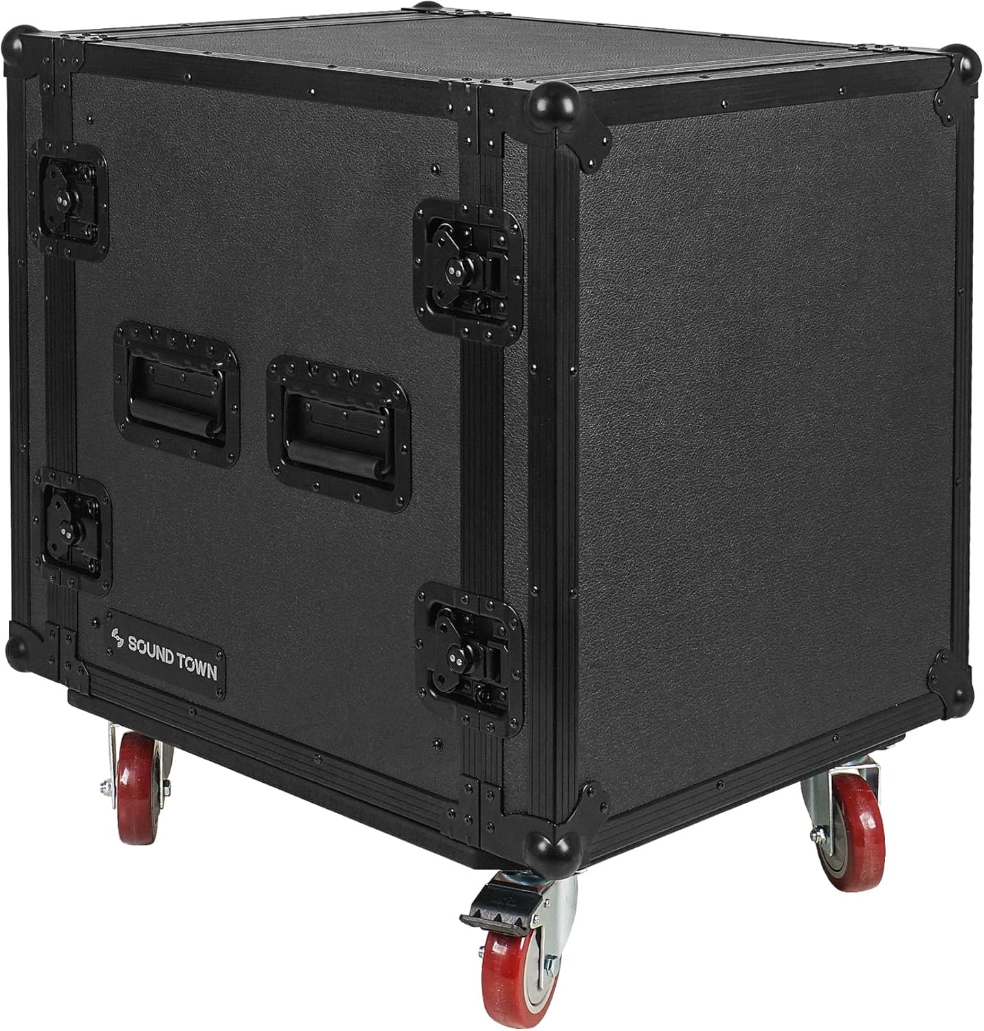 Sound Town Black Series 12U PA/DJ Rack/Road Case with 12-Space, All-Black Anodized Hardware, Plywood, Casters, and 21” Rackable Depth - Pro Tour Grade (STRC-B12UW) - Image 4