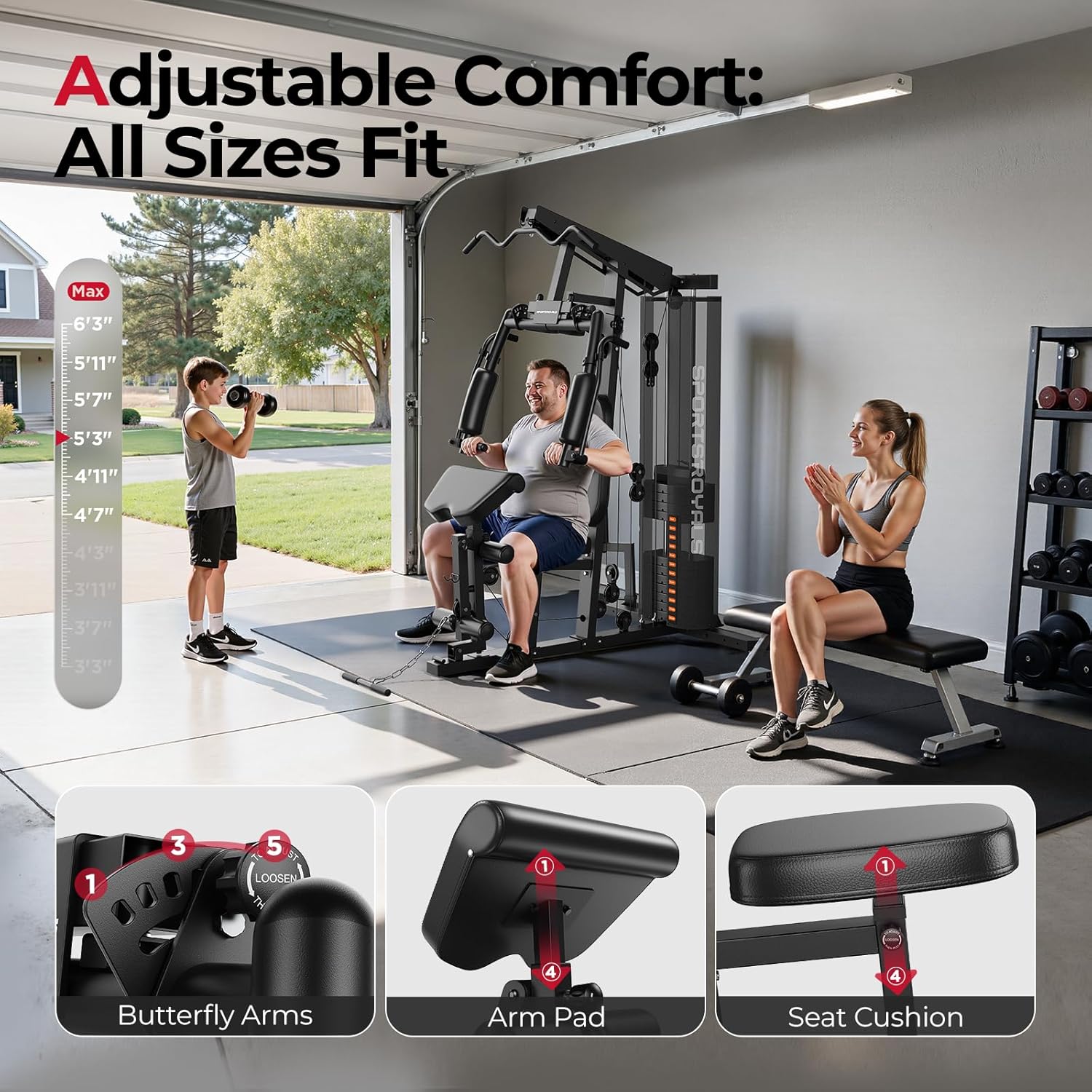 Sportsroyals Home Gym, Multifuntional Workout Station with 150LBS Weight Stack, Full Body Workout Equipment for Home Exercise Fitness - Image 7