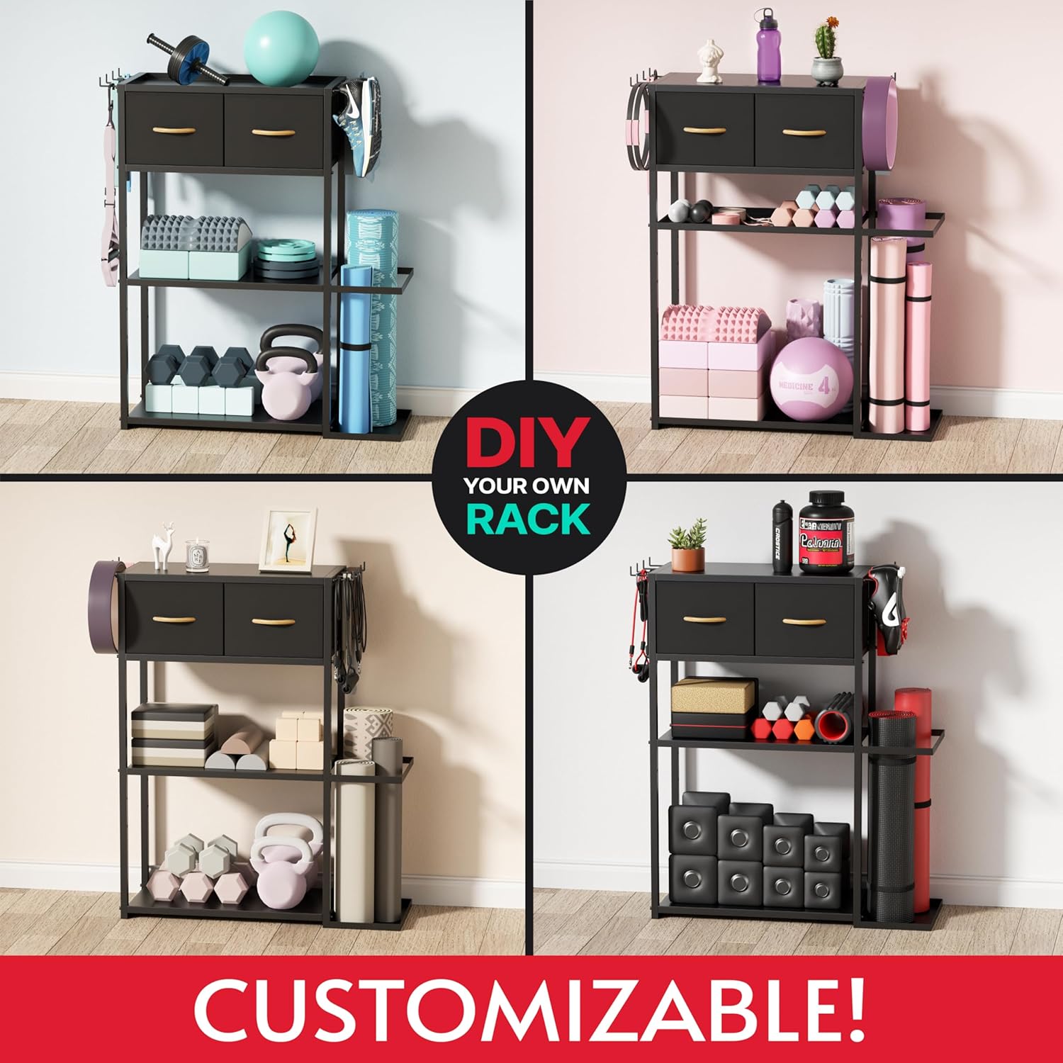 Home Gym Storage Shelf Stand Only, Adjustable Weight Rack for Dumbbells Plus Extra Upper Drawer, for Weight, Mat and Workout Equipment, Large Capacity Gym Organizer with 4-Tier, Easy-assembly - Image 4