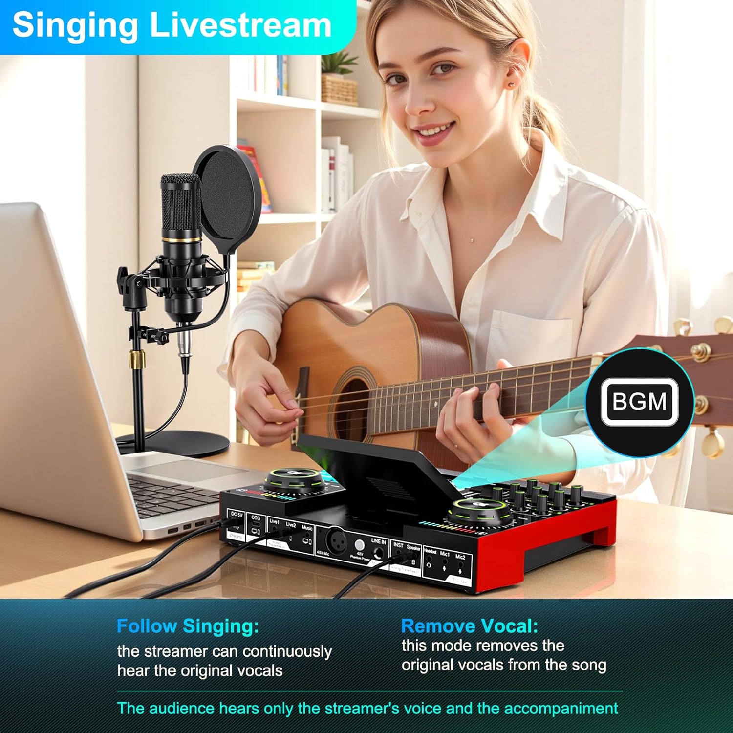 Podcast Microphone Bundle with Live Sound Card Audio Mixer, Podcast Equipment Bundle with 3.5mm Condenser Microphone for Pc/Phone Live Streaming Singing Gaming, Sound Board with Voice Changer, Denoise - Image 6