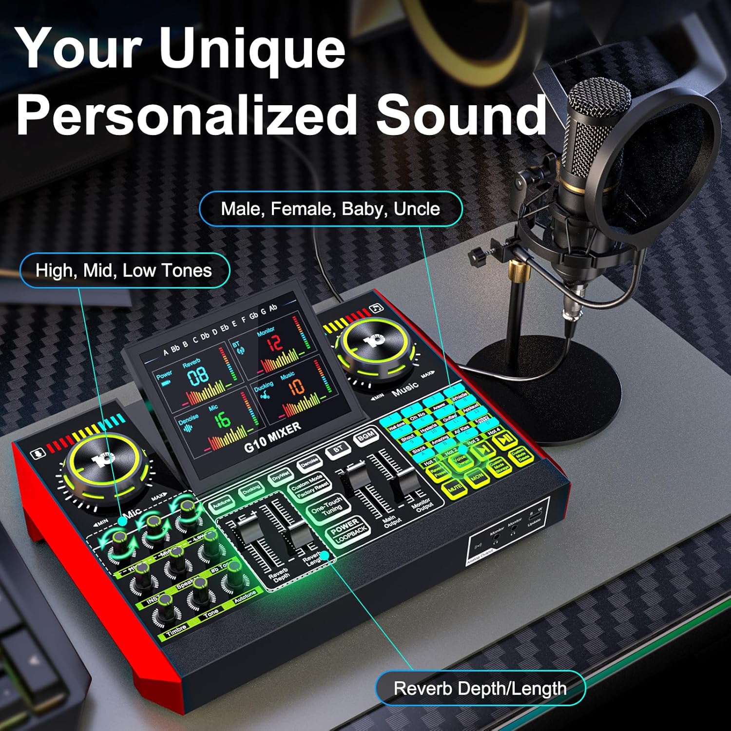 Podcast Microphone Bundle with Live Sound Card Audio Mixer, Podcast Equipment Bundle with 3.5mm Condenser Microphone for Pc/Phone Live Streaming Singing Gaming, Sound Board with Voice Changer, Denoise - Image 3