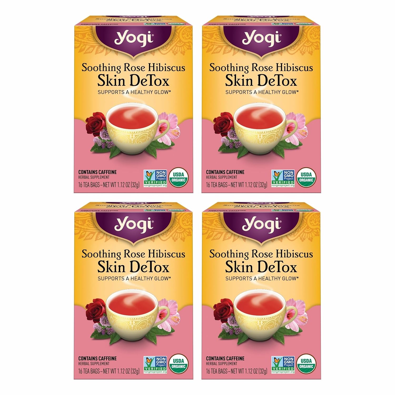 Yogi Tea Soothing Rose Hibiscus Skin DeTox Tea - 16 Tea Bags per Pack (4 Packs) - Organic DeTox Tea to Support Skin Health - Includes Green Tea Leaf, Rose Petal, Honeybush Leaf, Hibiscus & More