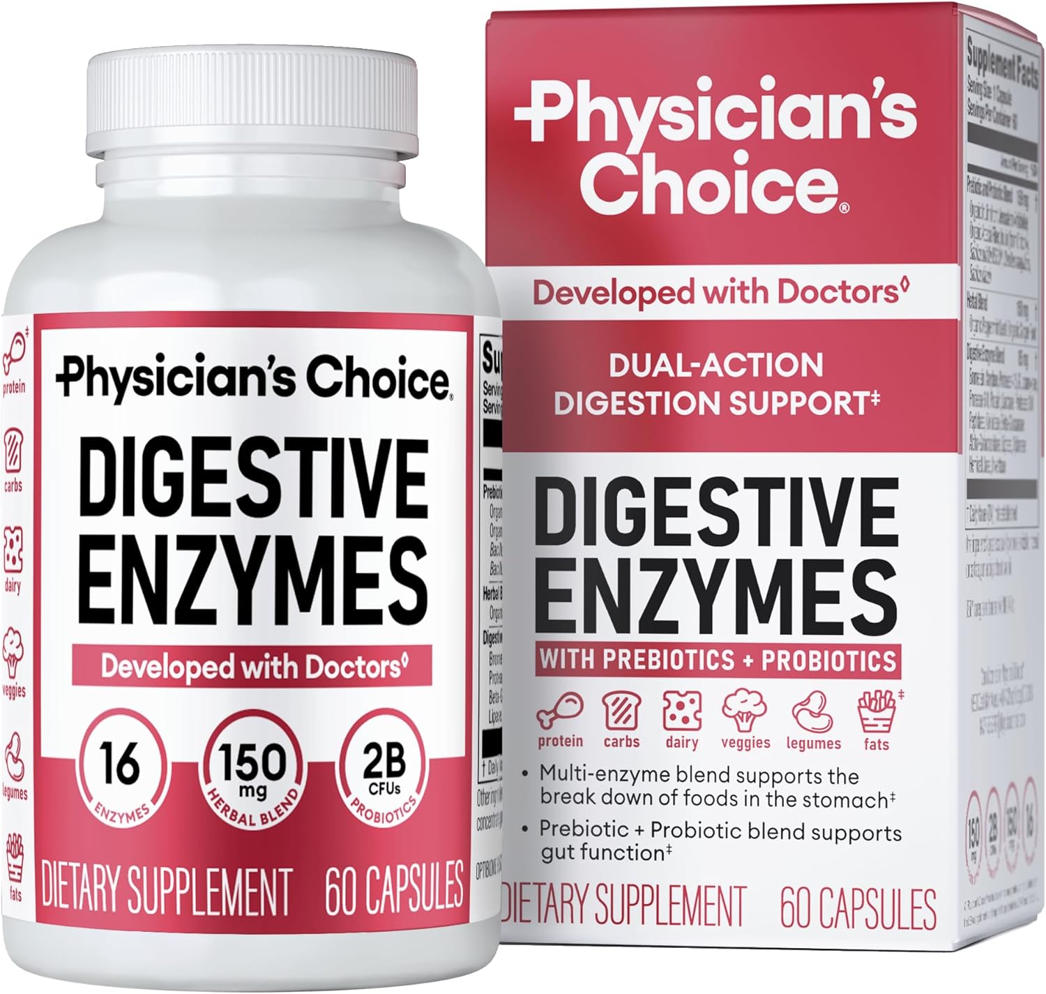 Physician's CHOICE Digestive Enzymes for Bloating & Digestion - 16 Enzymes with Organic Prebiotics & Probiotics for Gut & Digestive Health - Meal Time Discomfort Relief - Dual Action Support - 60 CT