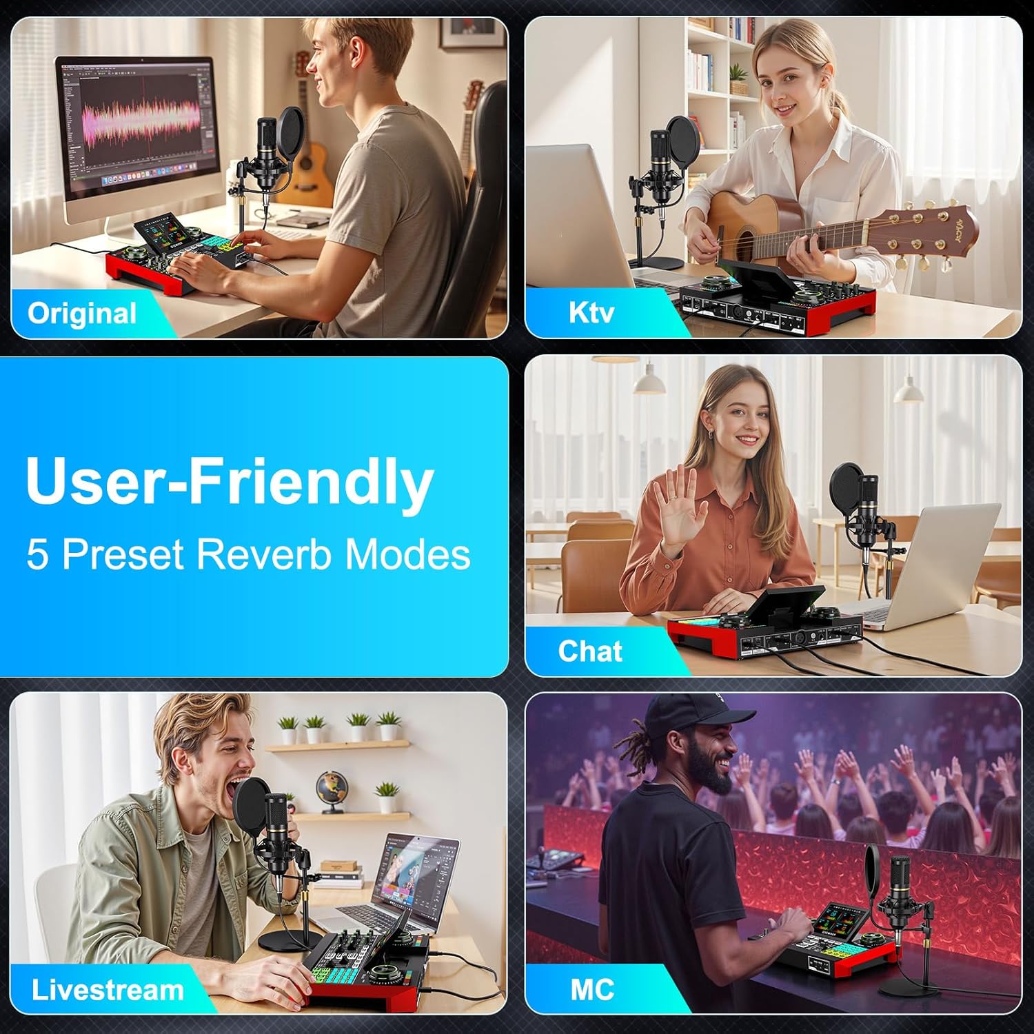 Podcast Microphone Bundle with Live Sound Card Audio Mixer, Podcast Equipment Bundle with 3.5mm Condenser Microphone for Pc/Phone Live Streaming Singing Gaming, Sound Board with Voice Changer, Denoise - Image 4