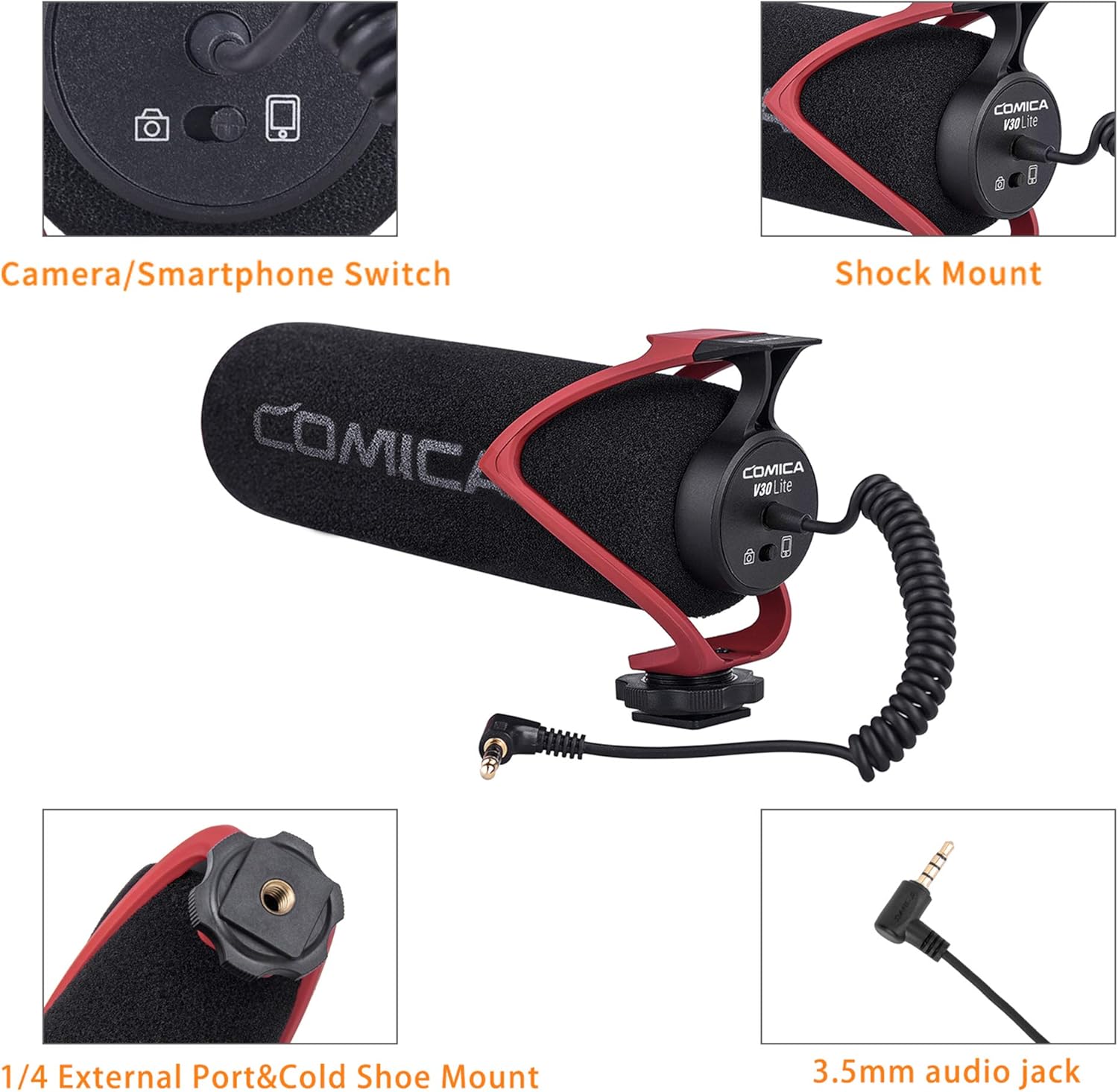 COMICA CVM-V30 LITE Video Microphone,Super-Cardioid Condenser On-Camera Shotgun Microphone for Canon Nikon Sony Panasonic DSLR Cameras,Mic for iPhone Android Smartphone with 3.5mm Jack(Red) - Image 4