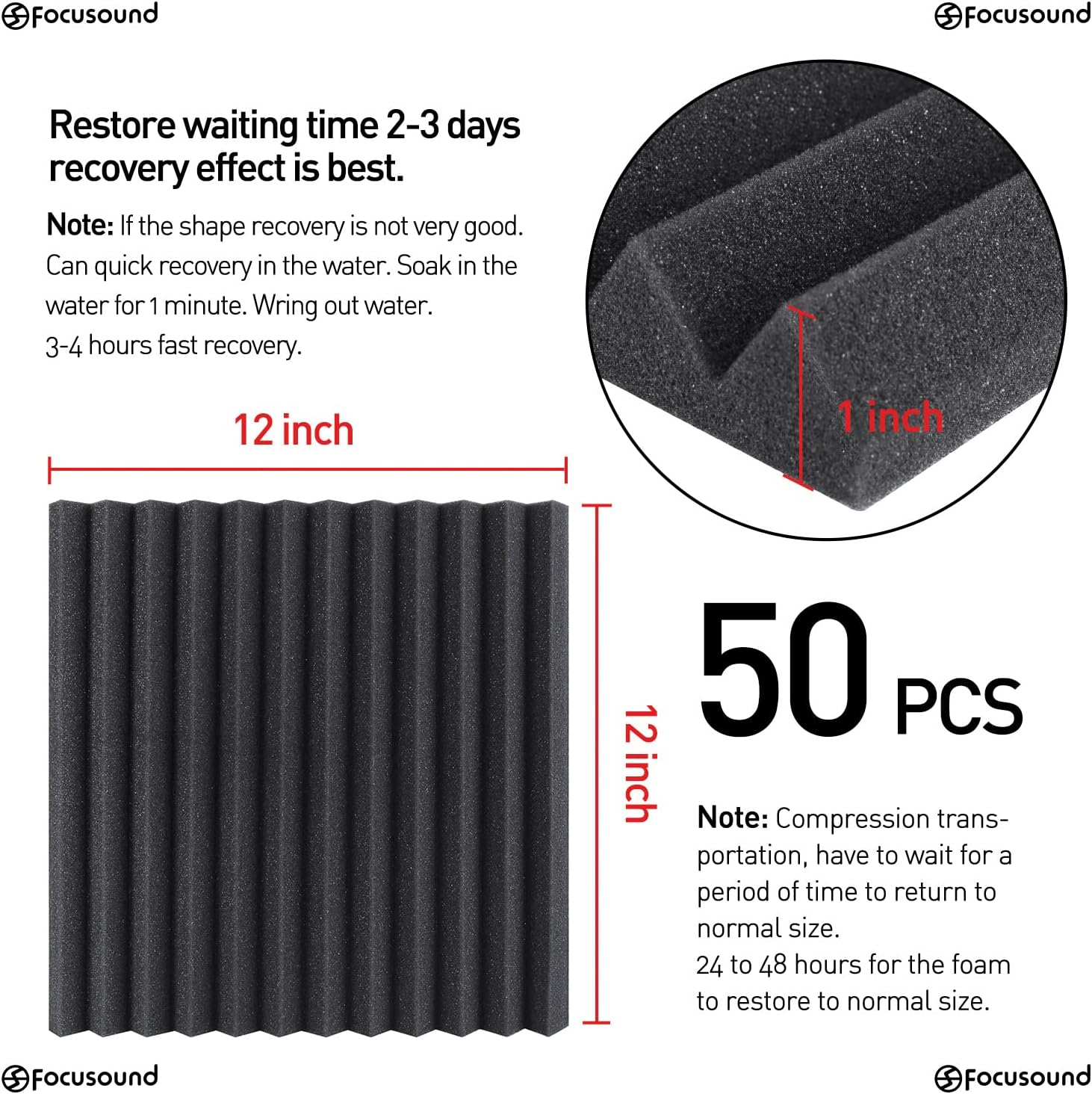 Focusound 50 Pack Acoustic Foam Panels 1" x 12" x 12" Sound Proof Foam Panles Soundproofing Noise Cancelling Wedge Panels for Home Office Recoding Studio with 300PCS Double-Side Adhesive - Image 4