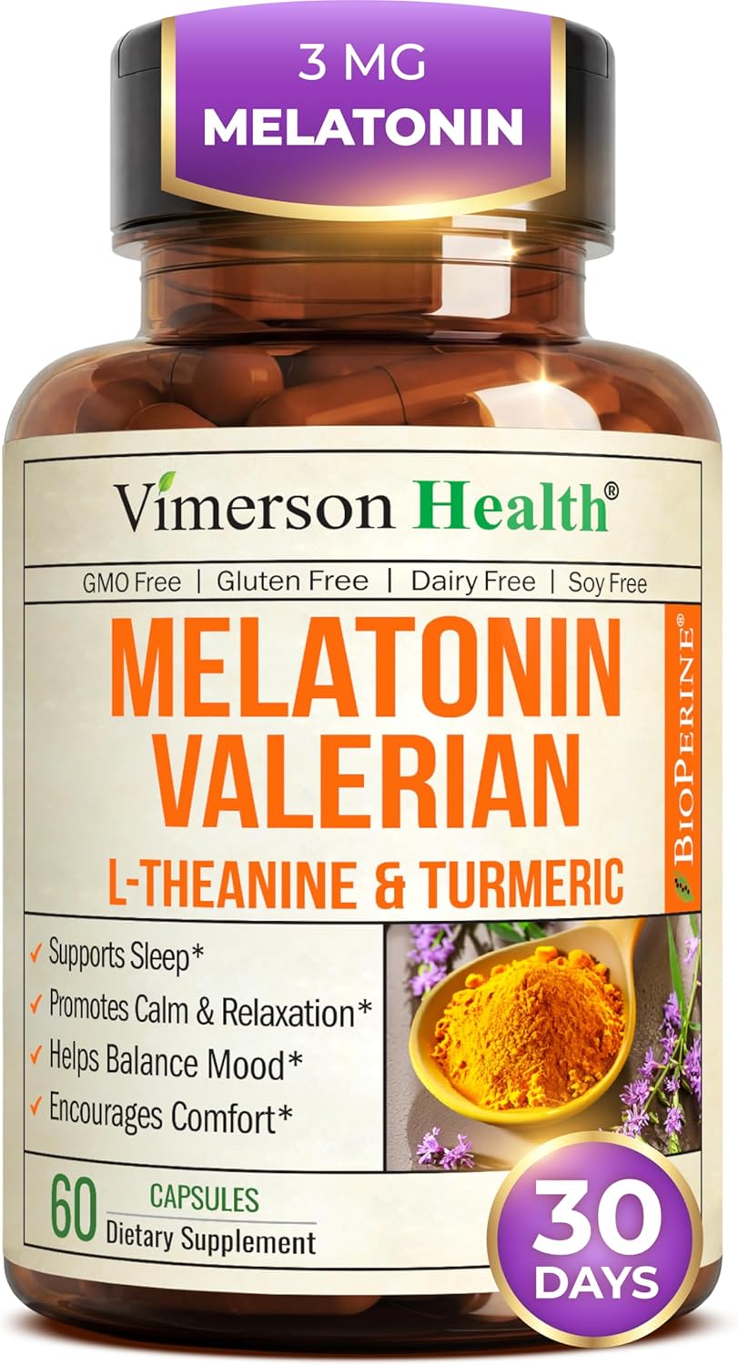 Melatonin 3mg Sleep Aid with L-Theanine & Valerian Root – Turmeric Curcumin Supplement with Ginger & Black Pepper – Organic Turmeric Supplement for Sleep, Calm and Stress Relief Support – 60 Capsules