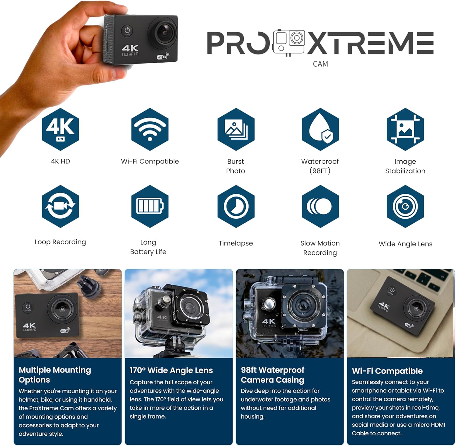 Pro Xtreme 4K Action Camera - Ultra HD Waterproof Camera Video Camera with Wi-Fi, 170° Wide Angle Lens, Image Stabilization, Multiple Mounting Options - Perfect Underwater Camera Snorkeling - Image 2