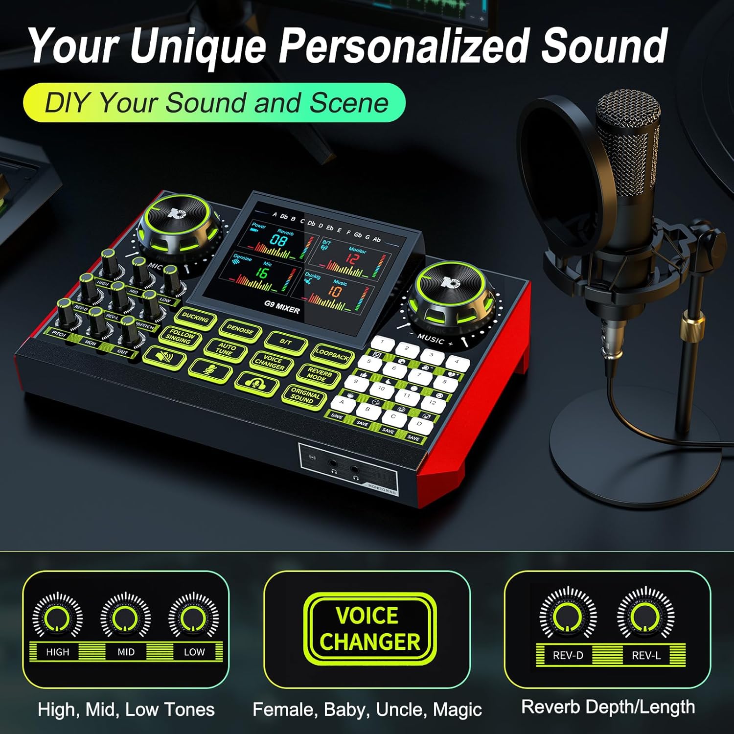 G9 Podcast Microphone Bundle with Live Sound Card Audio Mixer, Podcast Equipment Bundle Sound Board with 3.5mm Condenser Microphone for Pc/Phone Live Streaming Singing Gaming,Voice Changer, Denoise - Image 3