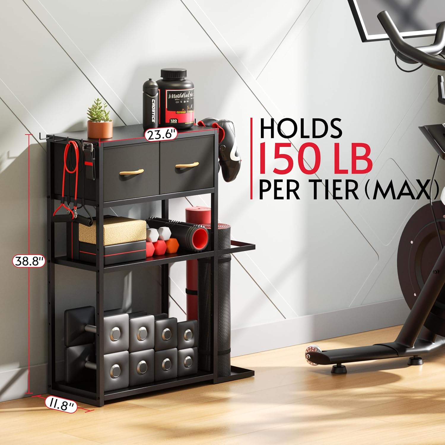 Home Gym Storage Shelf Stand Only, Adjustable Weight Rack for Dumbbells Plus Extra Upper Drawer, for Weight, Mat and Workout Equipment, Large Capacity Gym Organizer with 4-Tier, Easy-assembly - Image 2