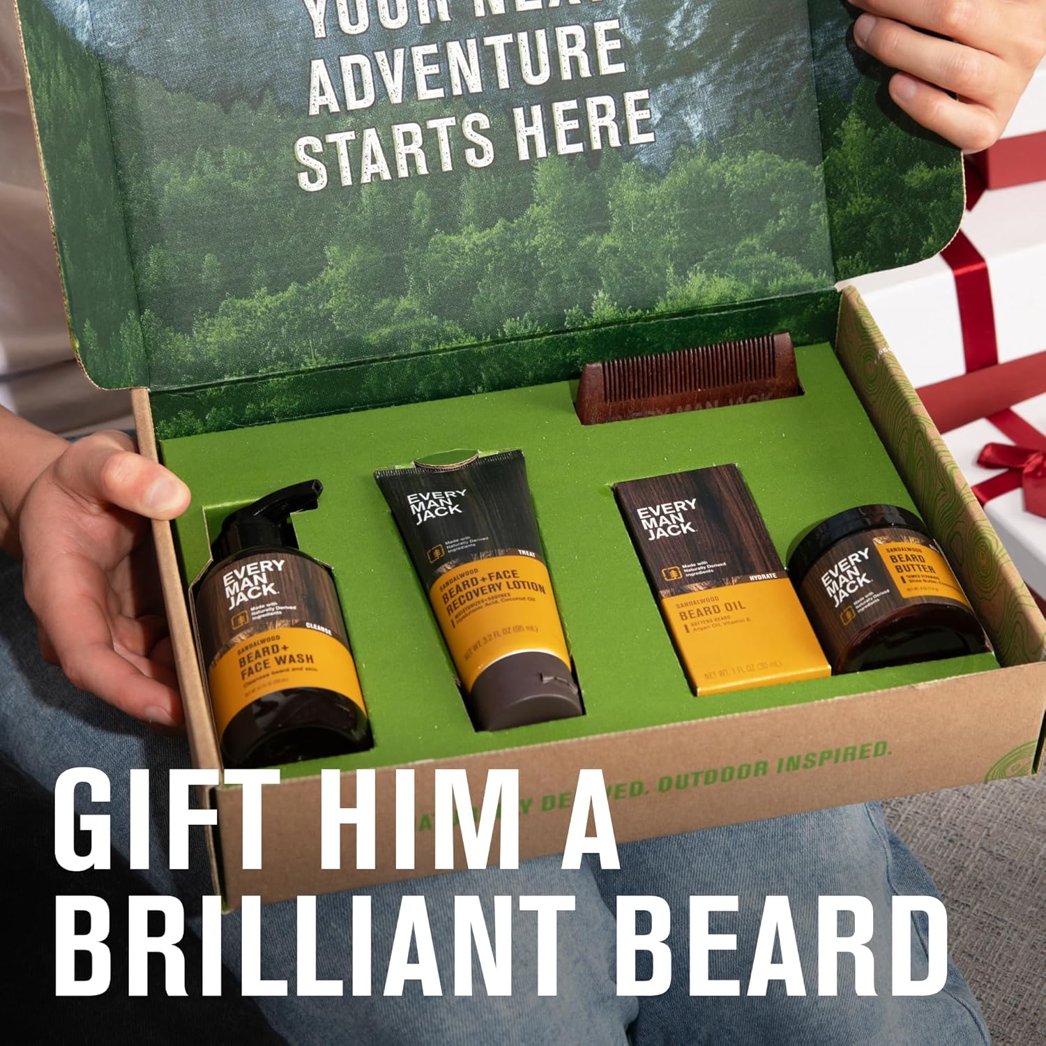 Every Man Jack Beard Essentials Gift Set for Men – Complete Routine with 5 Full-Size Essentials – Sandalwood Scent - Beard & Face Wash, Lotion, Oil, Butter & Comb - Image 2