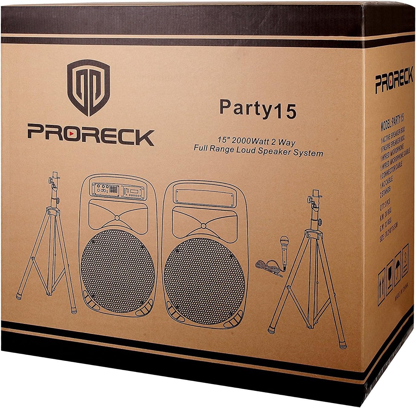 PRORECK Party 15 Portable 15-Inch 2000 Watt 2-Way Powered PA Speaker System Combo Set with Bluetooth/USB/SD Card Reader/FM Radio/Remote Control/LED Light - Image 6