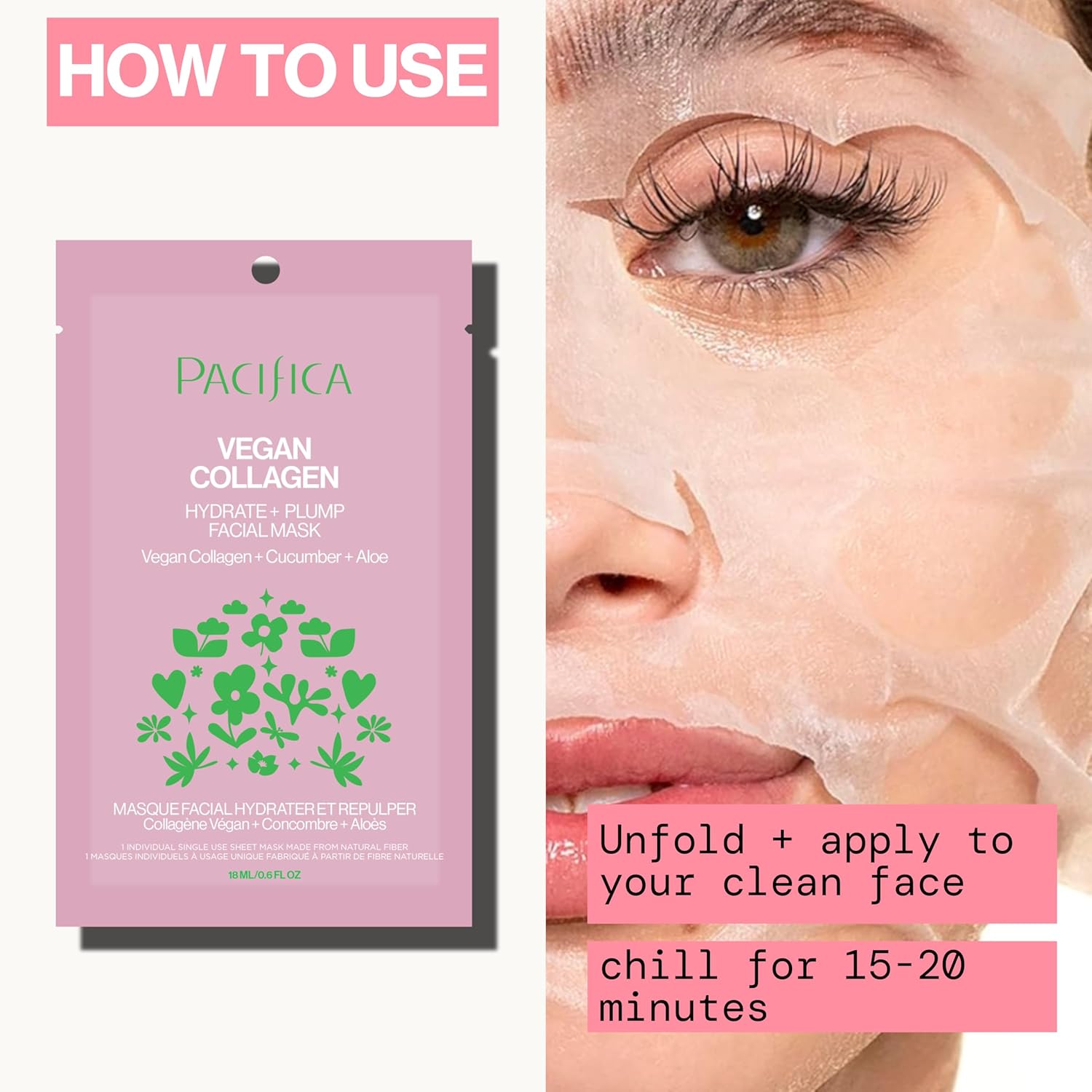 Pacifica Sheet Face Mask - Vegan Collagen Hydrate & Plump with Cucumber & Aloe – Moisturizing Mask for Dry & Aging Skin - Clean Beauty Vegan & Cruelty-Free Dermatologist Tested - Image 10