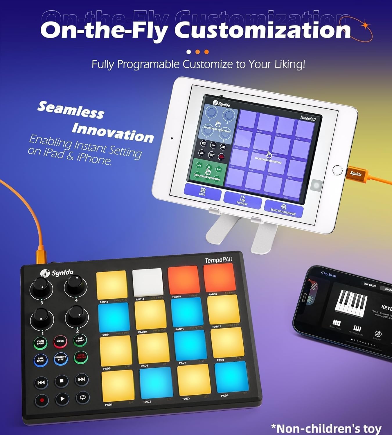 Synido TempoPAD Midi Controller Beat Maker Machine for Music Production, Portable USB MIDI Beat Pad Controller for Beginners with Durable Carrying Bag, 16 Backlit Beat Pad, 4 Assignable Knob - Image 6