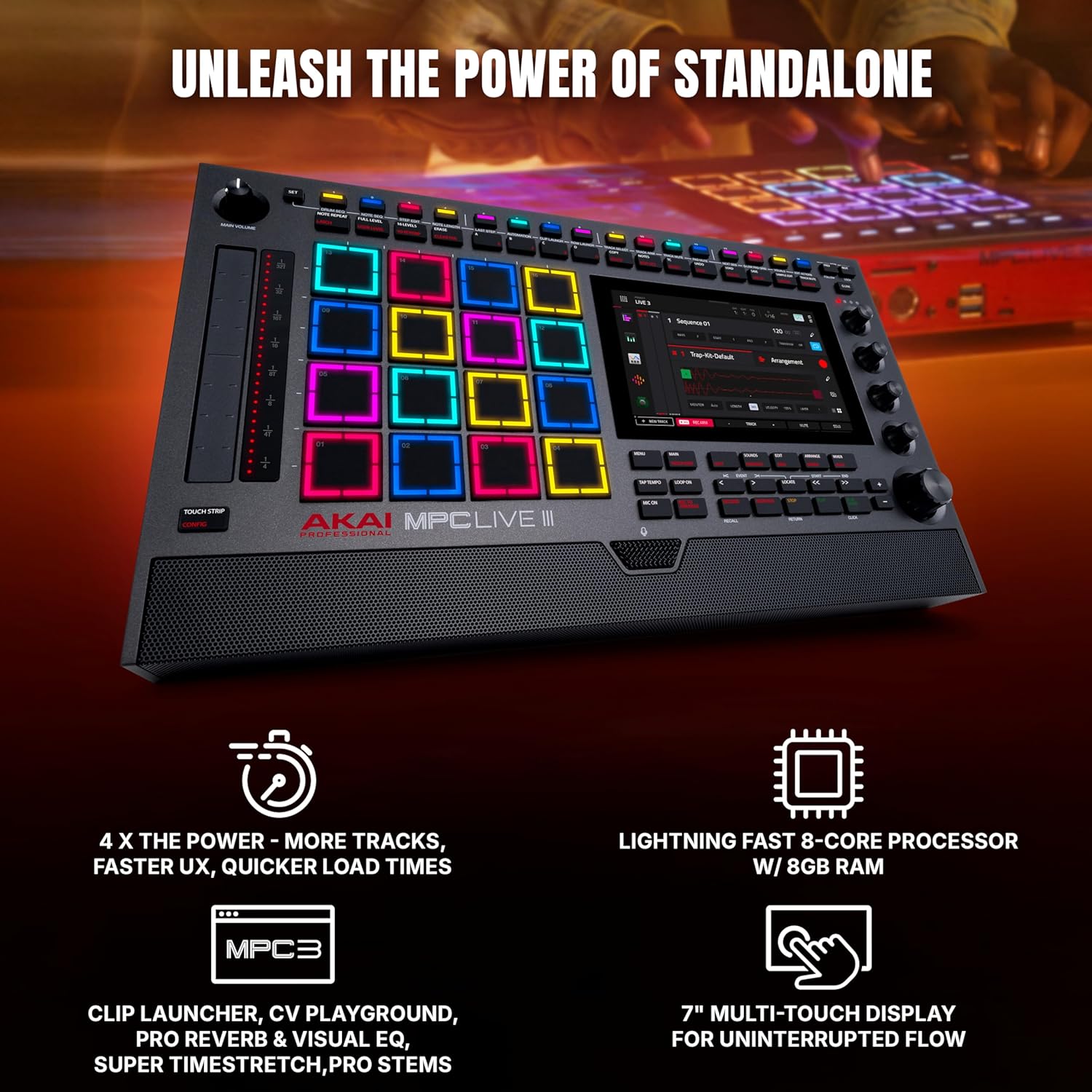 Akai Professional MPC Live III Standalone Portable Music Production Center with MPCe Pads, Sequencer, Touchscreen, Mic, Stereo Monitors, Audio Interface, Wi-Fi, Bluetooth, Battery, Touchstrip - Image 3