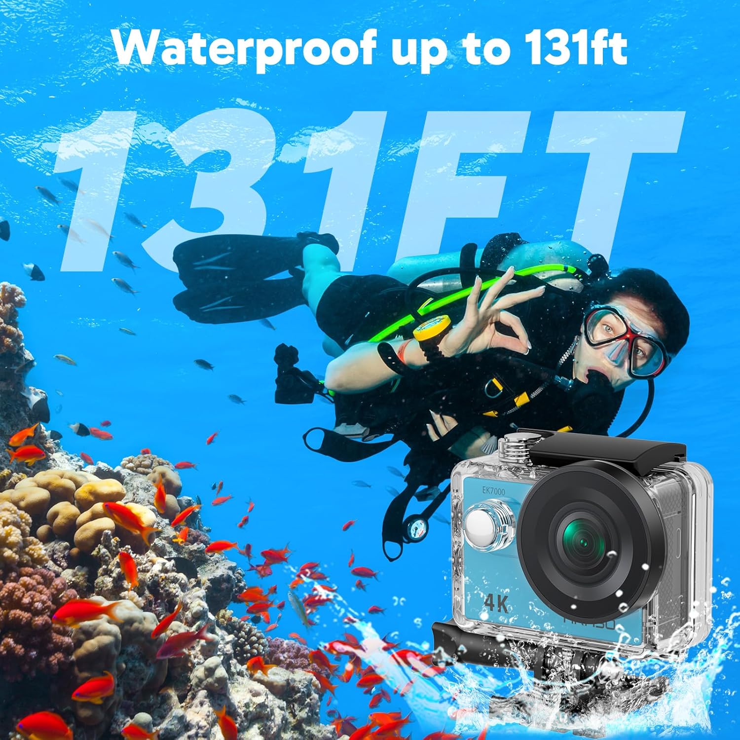 AKASO EK7000 4K30FPS 20MP WiFi Action Camera with EIS Ultra HD 131FT Waterproof Underwater Camera Remote Control 4X Zoom Support External Microphone Blue - Image 4
