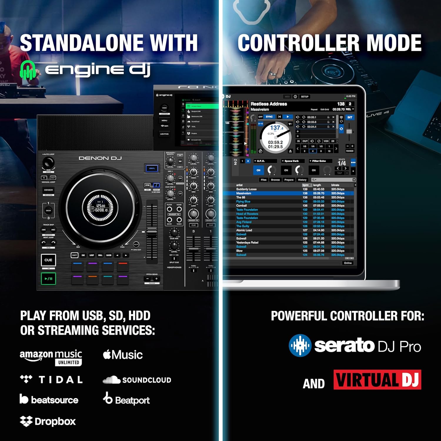 Denon DJ SC LIVE 4 Standalone DJ Controller with Stem Separation on 4-Decks, Wi-Fi Streaming, Build-in Speakers, Serato DJ and Virtual DJ Compatible - Image 3