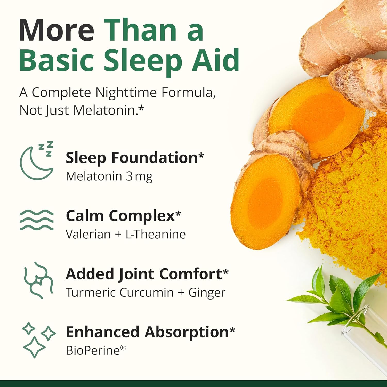 Melatonin 3mg Sleep Aid with L-Theanine & Valerian Root – Turmeric Curcumin Supplement with Ginger & Black Pepper – Organic Turmeric Supplement for Sleep, Calm and Stress Relief Support – 60 Capsules - Image 5