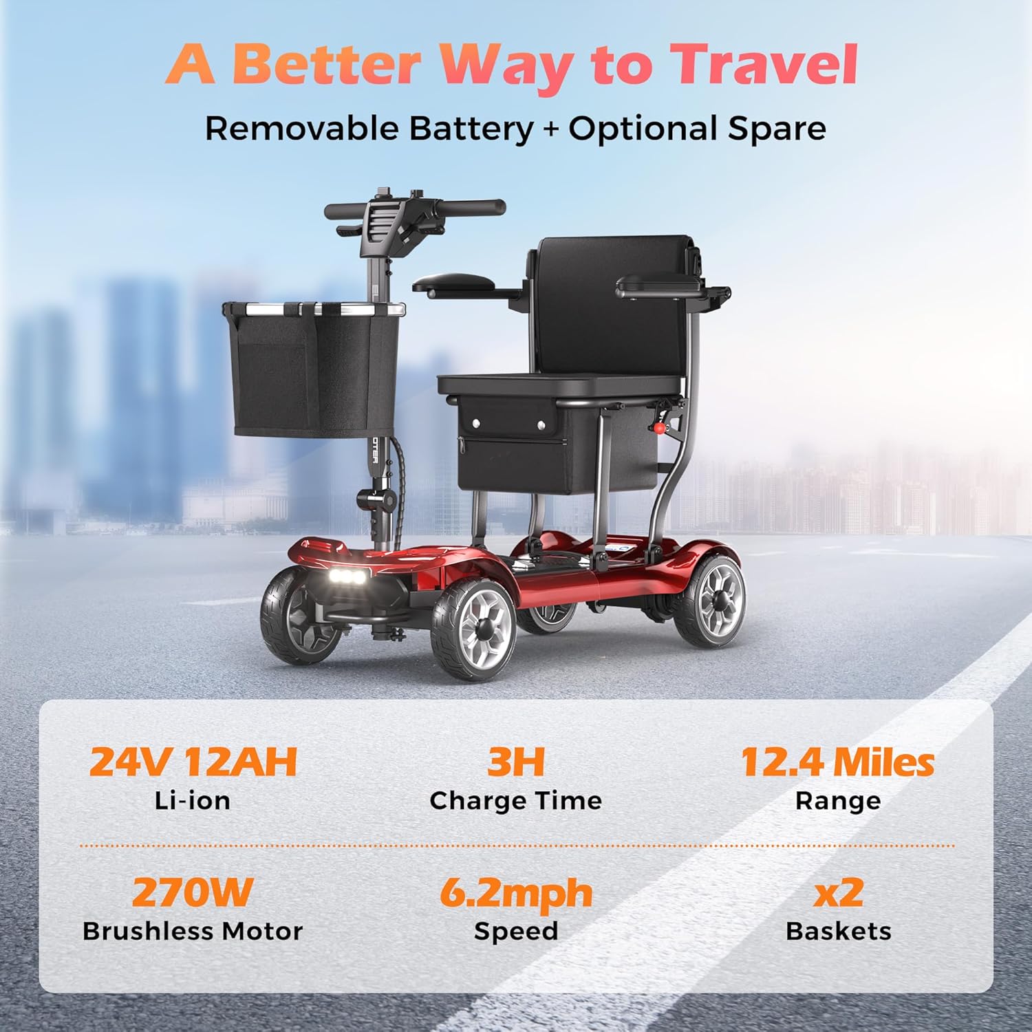 Lightweight Mobility Scooter for Seniors & Adults - Cruise & Airport Approved, 43lb Foldable Portable Motorized Scooters with Removable Lithium Battery for 12.4 Miles Travel, 300lb Capacity, Red - Image 2