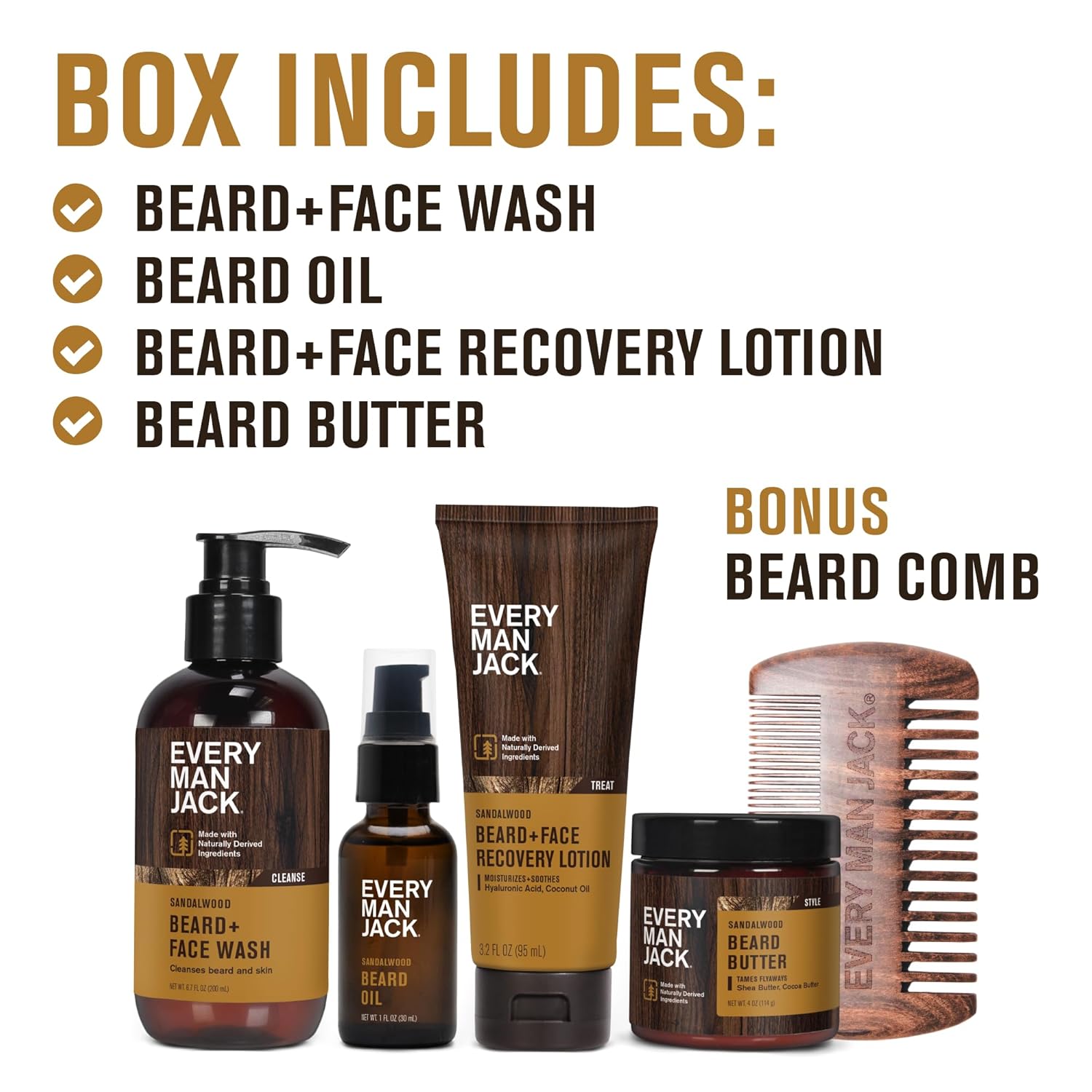 Every Man Jack Beard Essentials Gift Set for Men – Complete Routine with 5 Full-Size Essentials – Sandalwood Scent - Beard & Face Wash, Lotion, Oil, Butter & Comb - Image 3