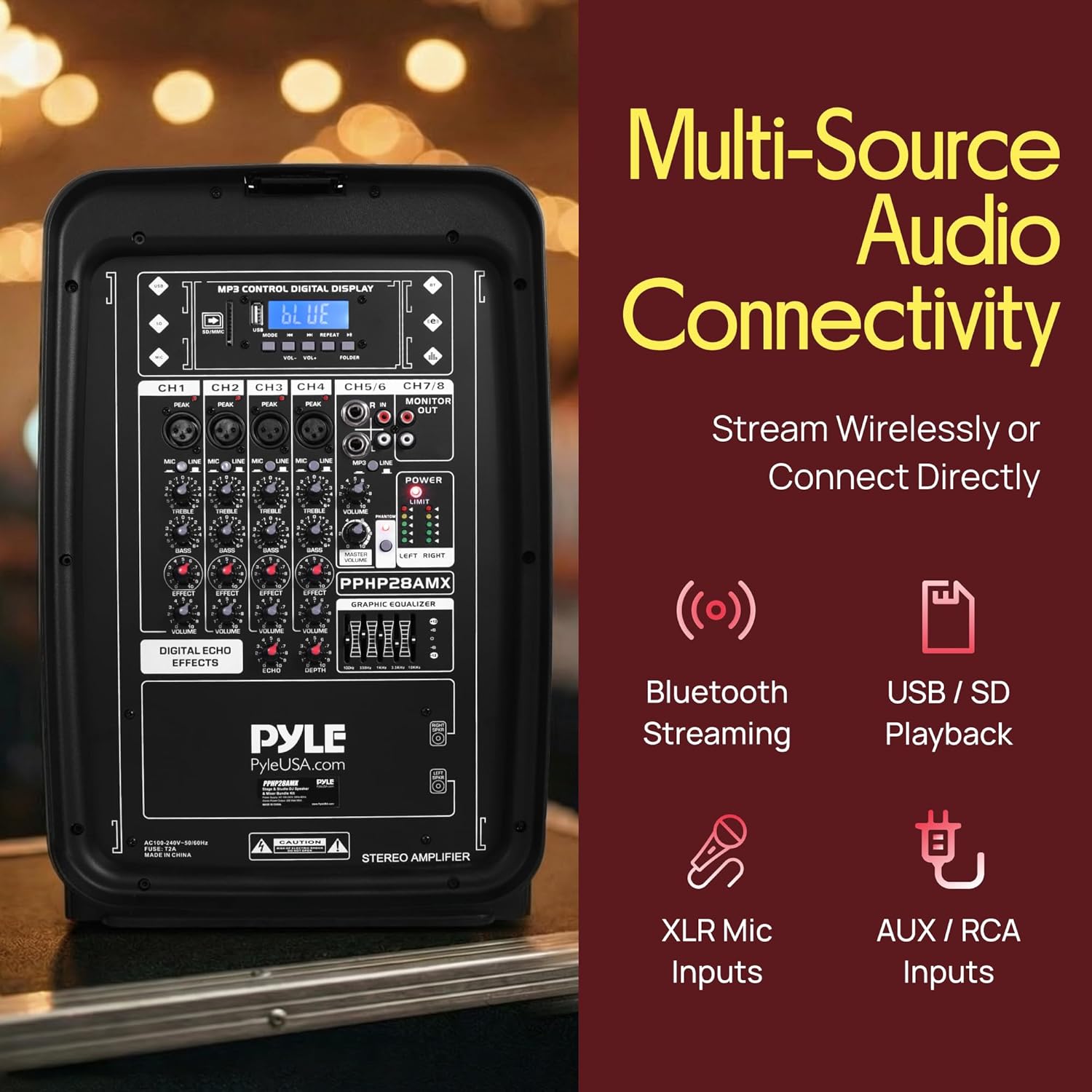 Pyle PA Speaker DJ Mixer Bundle - 300 W Portable Wireless Bluetooth Sound System w/ USB SD XLR 1/4" RCA Inputs - Dual Speaker, Mixer, Microphone, Stand, Cable - Home/Outdoor Party - PPHP28AMX,Black - Image 5